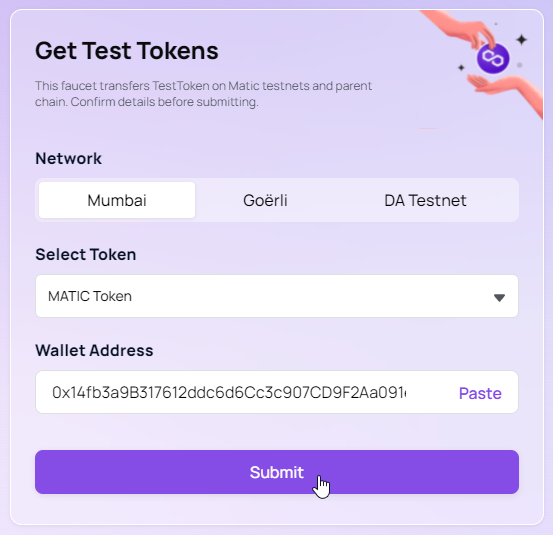 Example of a Mumbai Faucet on Polygon testnet