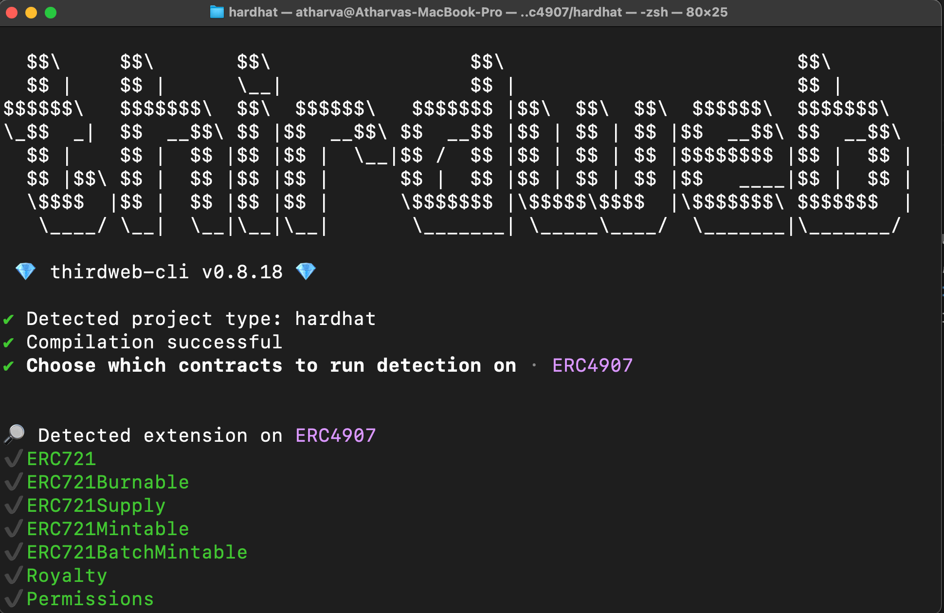 thirdweb CLI compiling the contract and detecting contract extensions