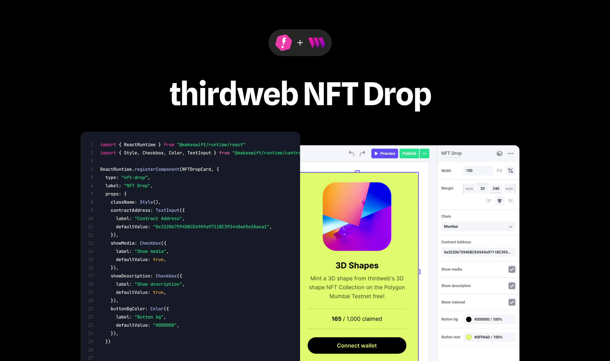 thirdweb NFT drop functionality, integrated into Makeswift's Next.js site builder