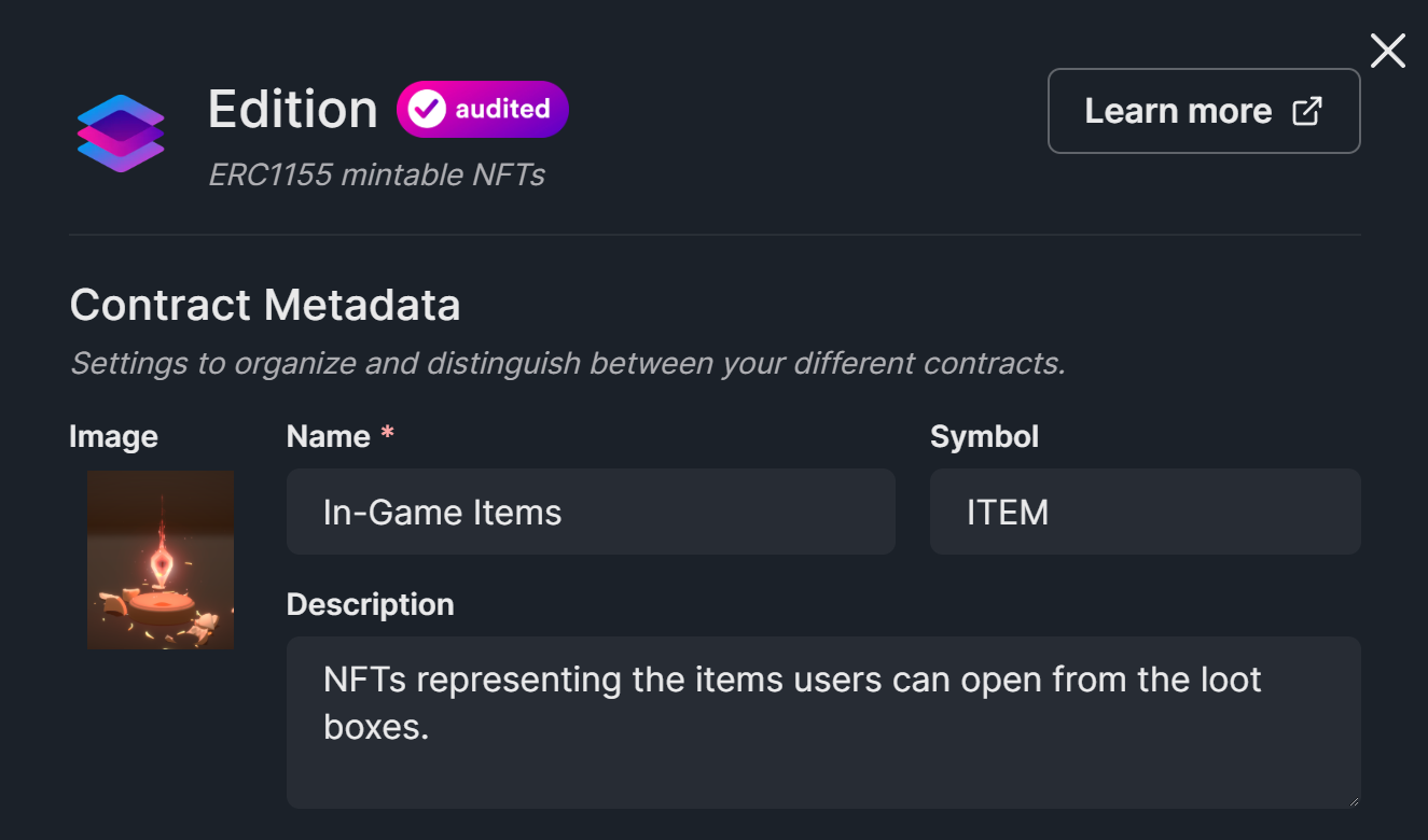 Setup Edition contract metadata
