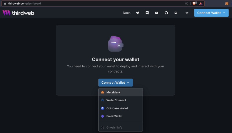 image of the thirdweb dashboard with "connect wallet" button to choose your wallet metamask magic wallet coinbase wallet walletconnect etc