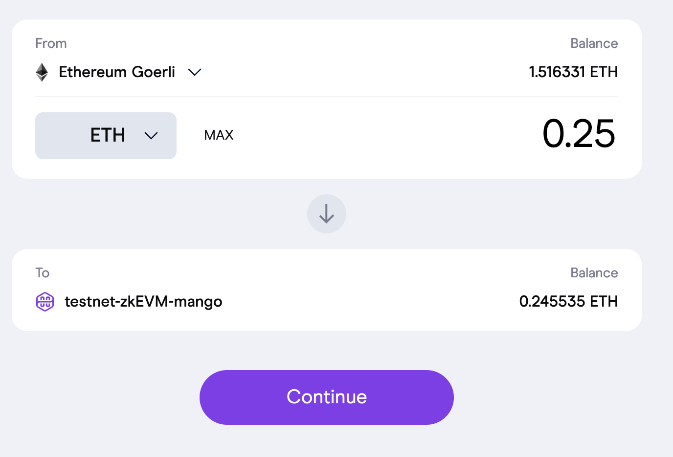 Bridge funds from Goerli testnet to zkEVM testnet.