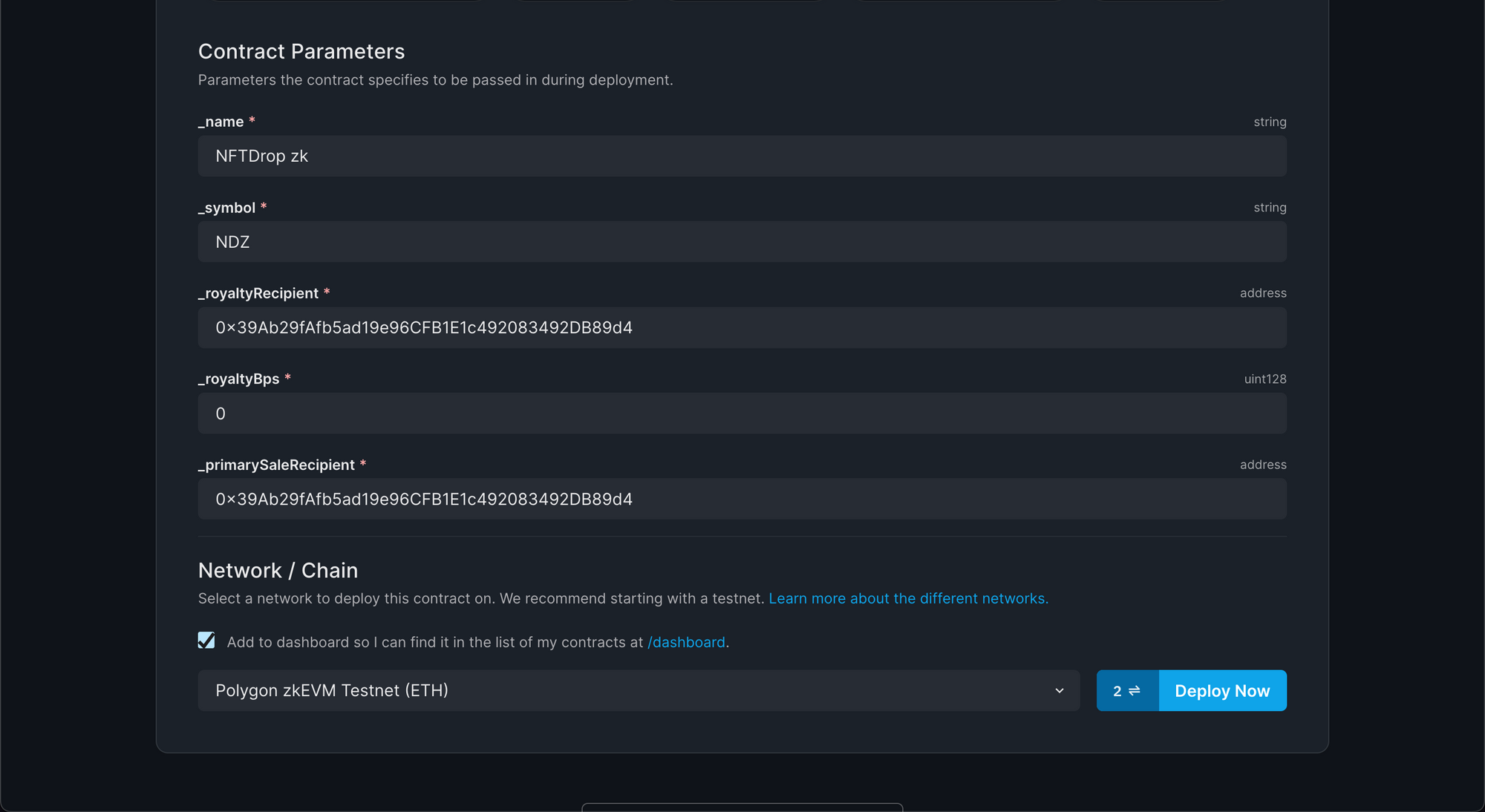 Populate the parameters of your smart contract constructor