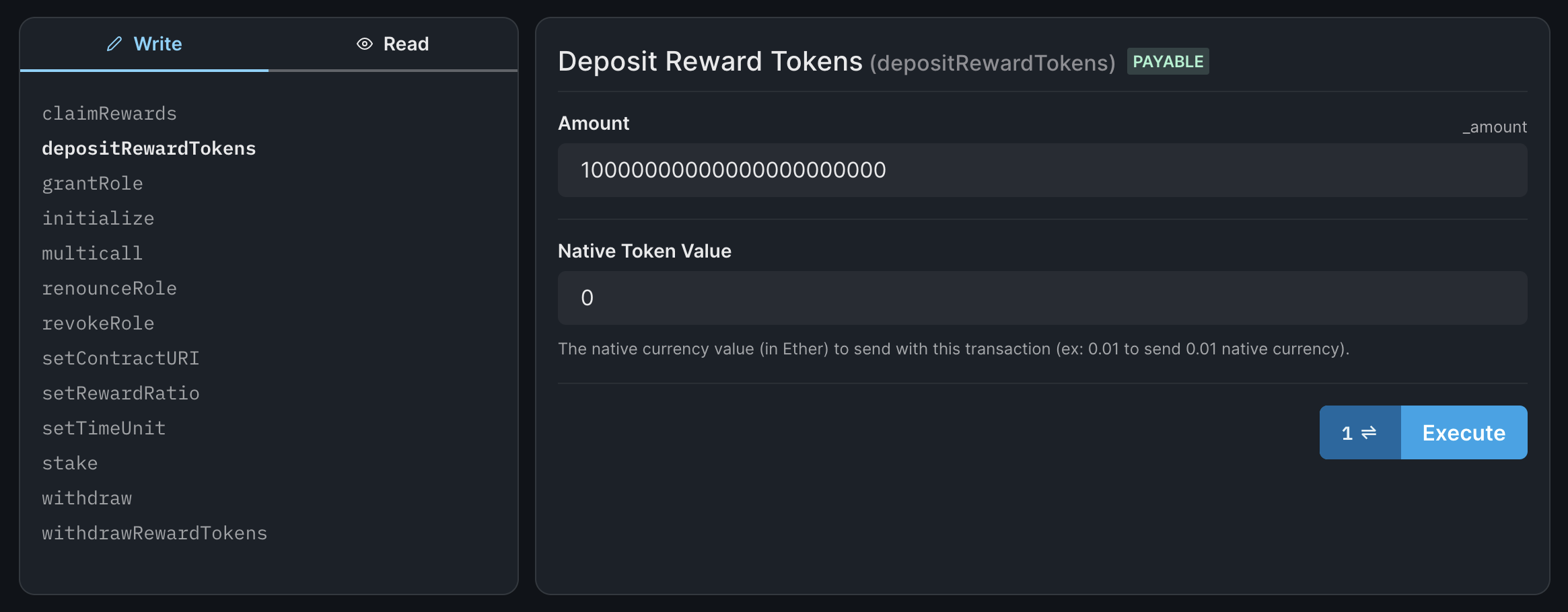 Depositing reward tokens to the staking contract
