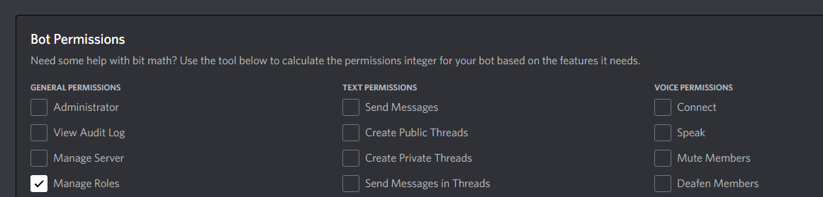 Generate a URL with Manage Role permissions for bot