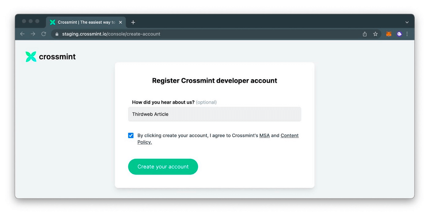 Register Crossmint developer account