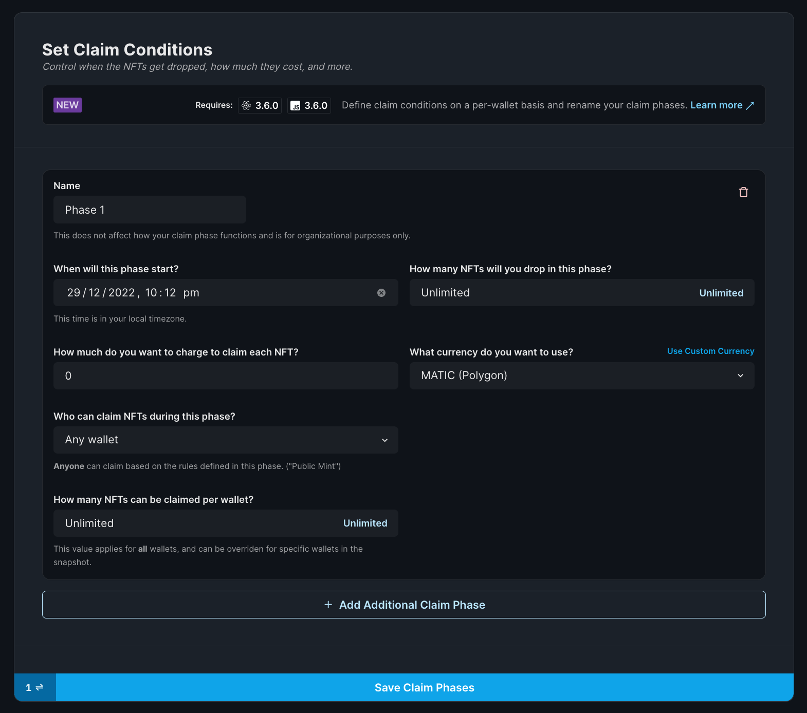 Setting NFT Drop claim conditions