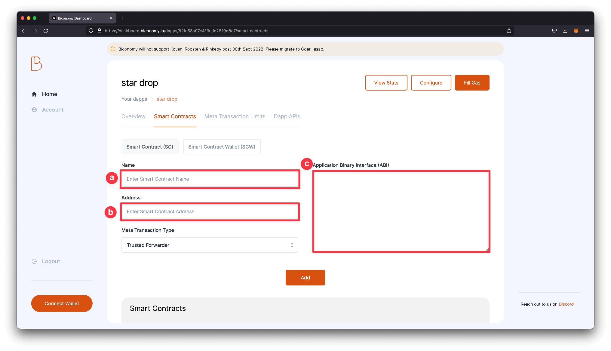 Add iun the details into the smart contracts tab