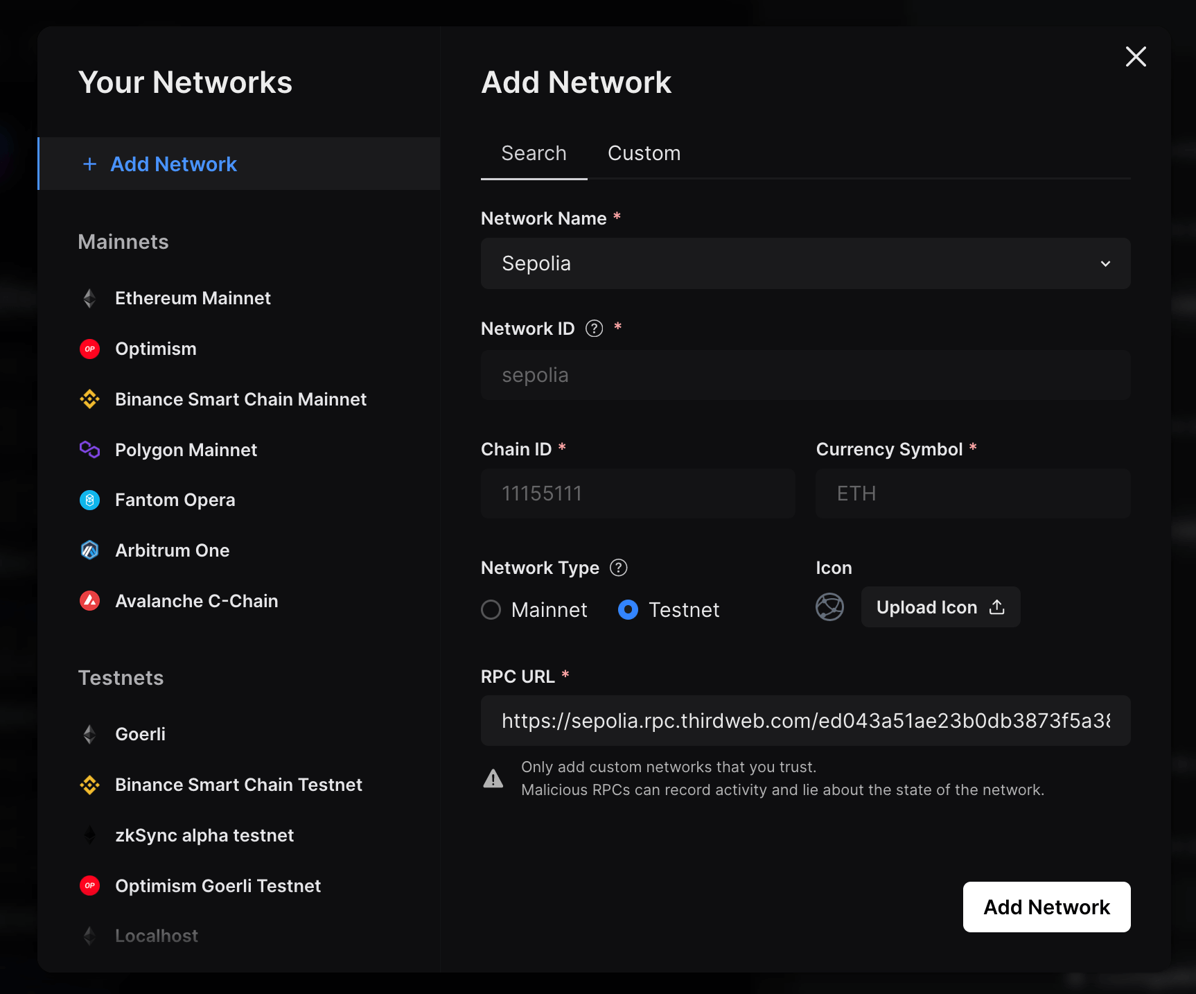 Add metadata of Sepolia network