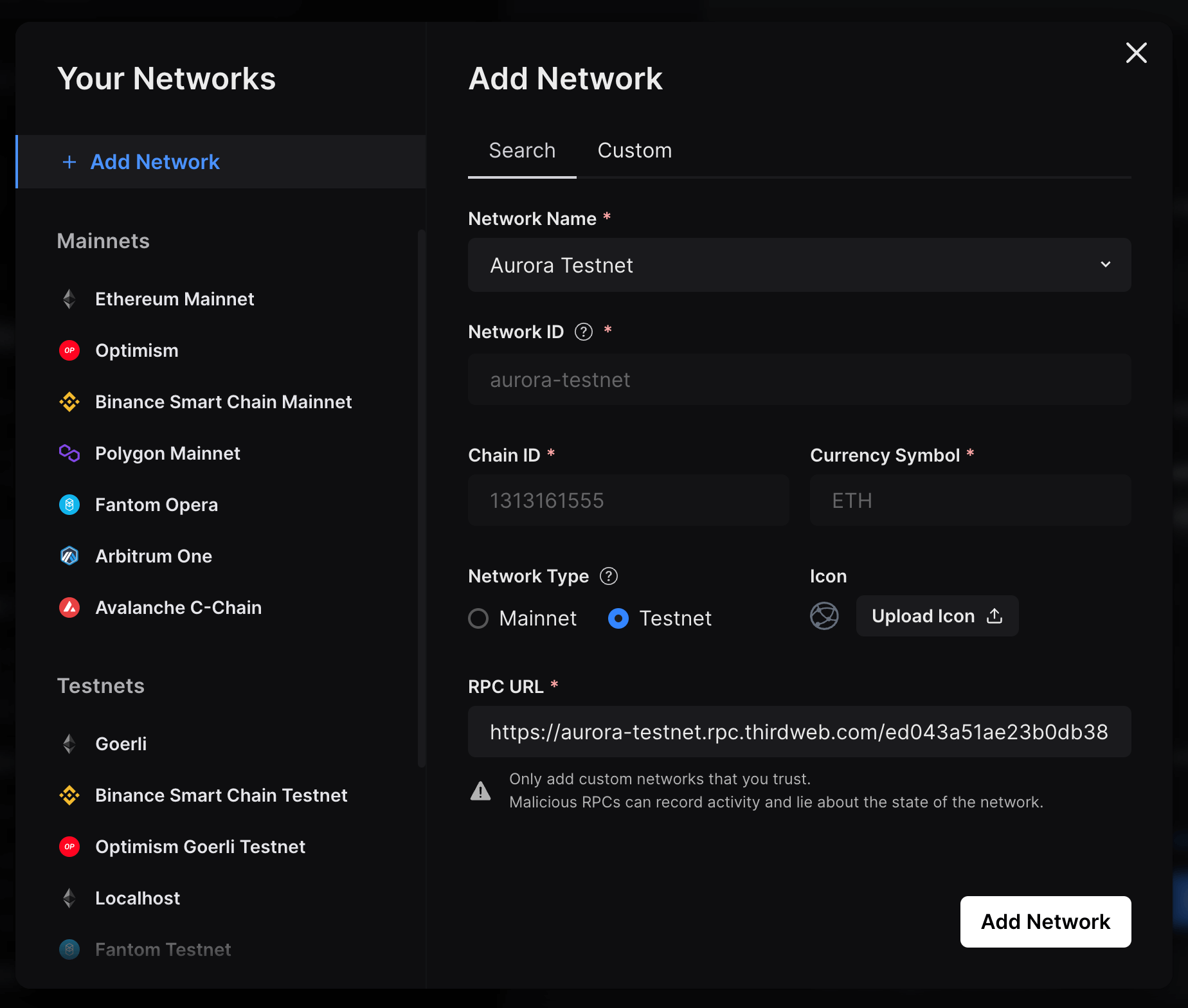 Metadata for Aurora Testnet