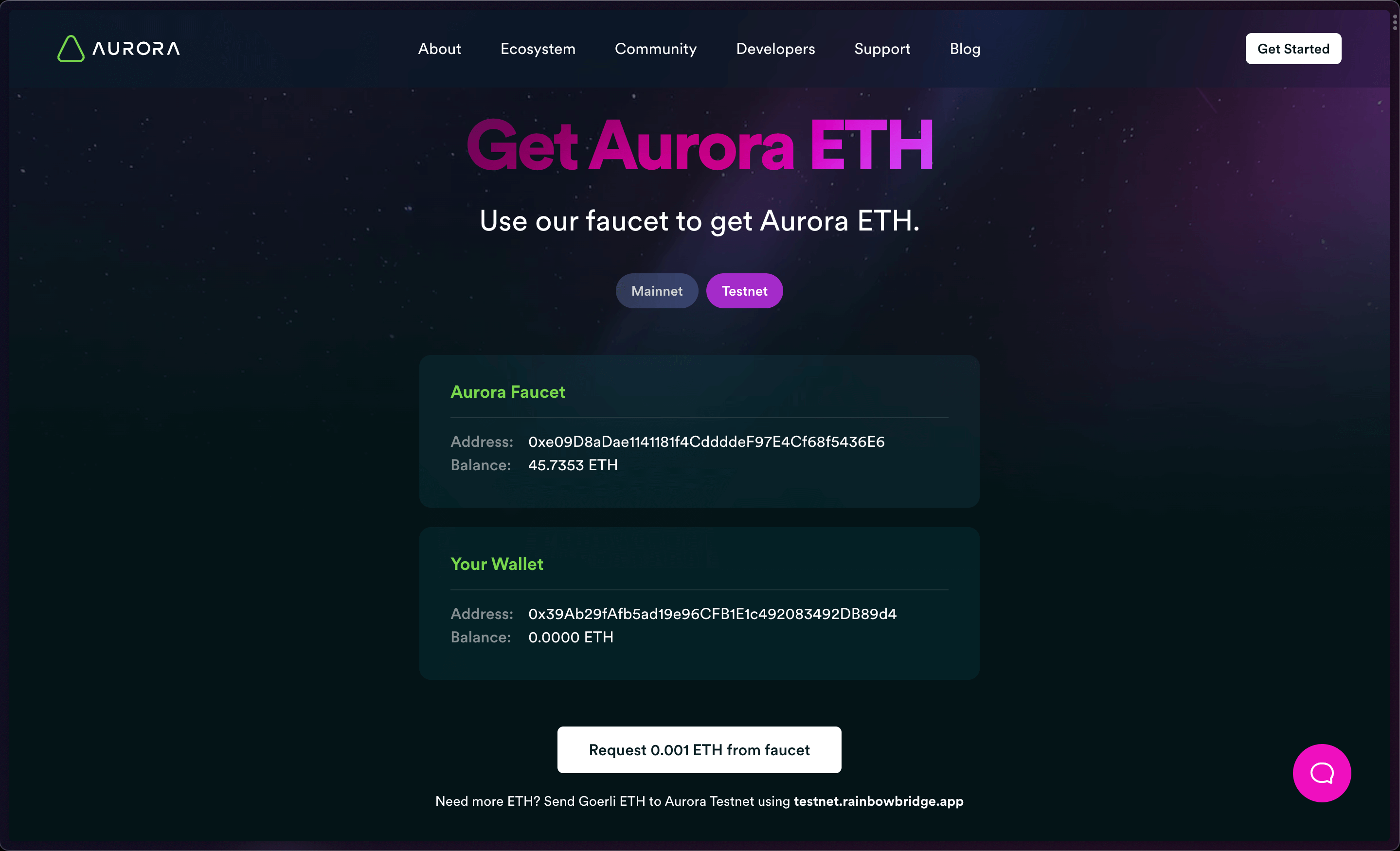 Request 0.001 ETH from Aurora faucet