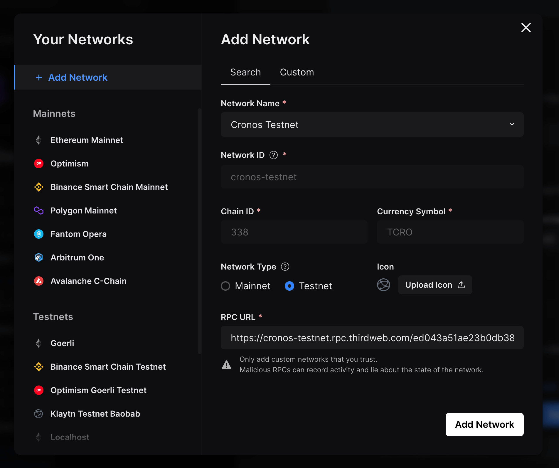 Metadata for Cronos Testnet