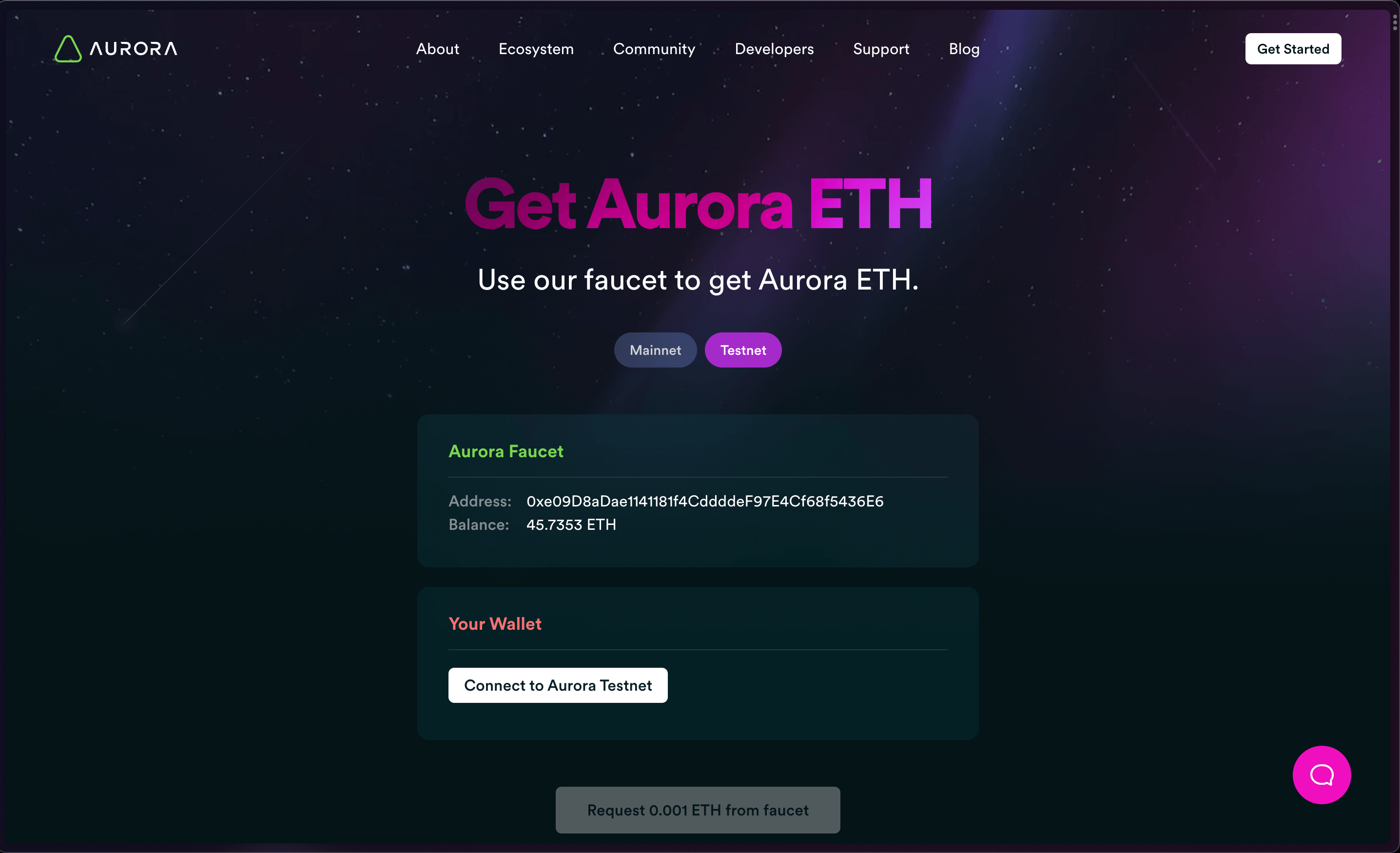 Connect your wallet to aurora faucte