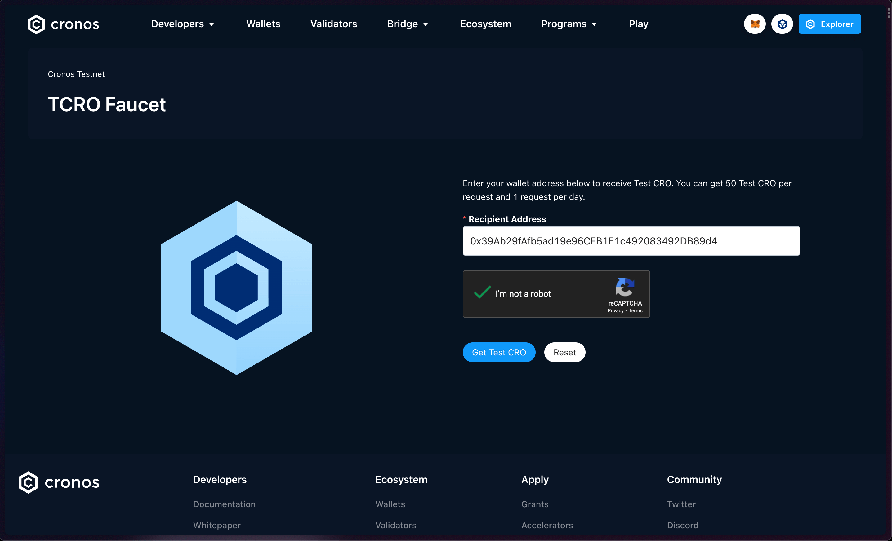 Paste in your wallet address and click on "Get Test CRO"