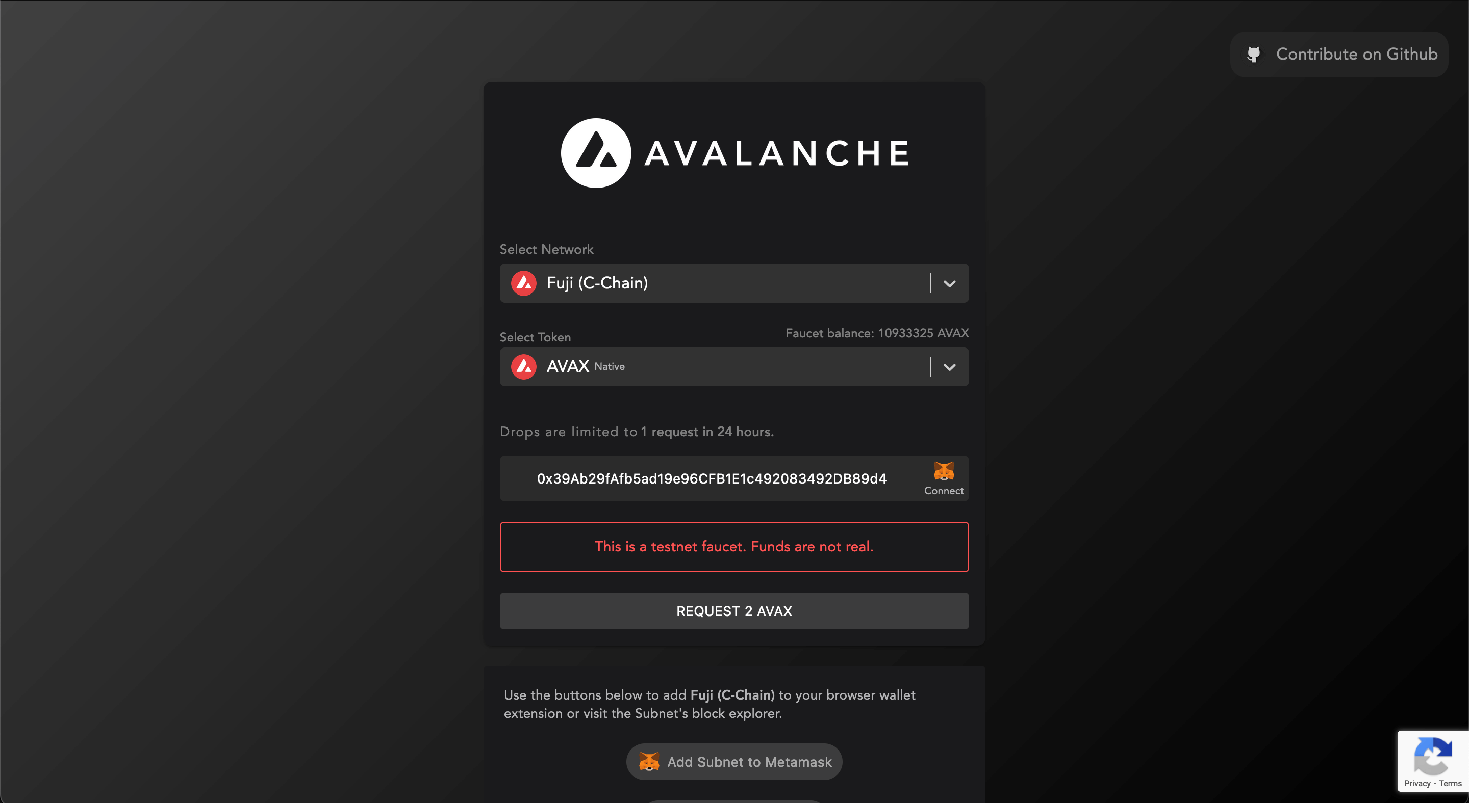 Paste in your wallet address and click on Request 2 AVAX