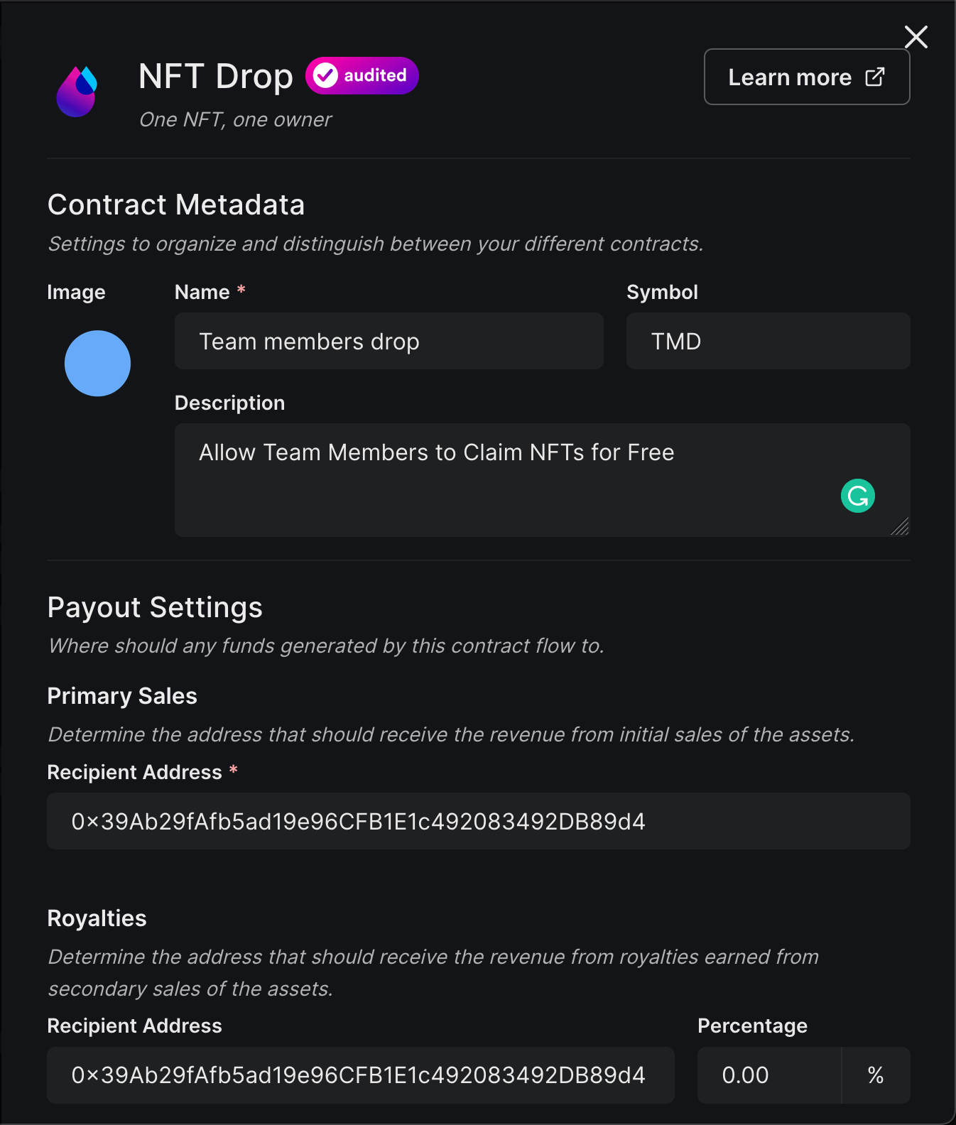 Populate metadata for your contract and deploy