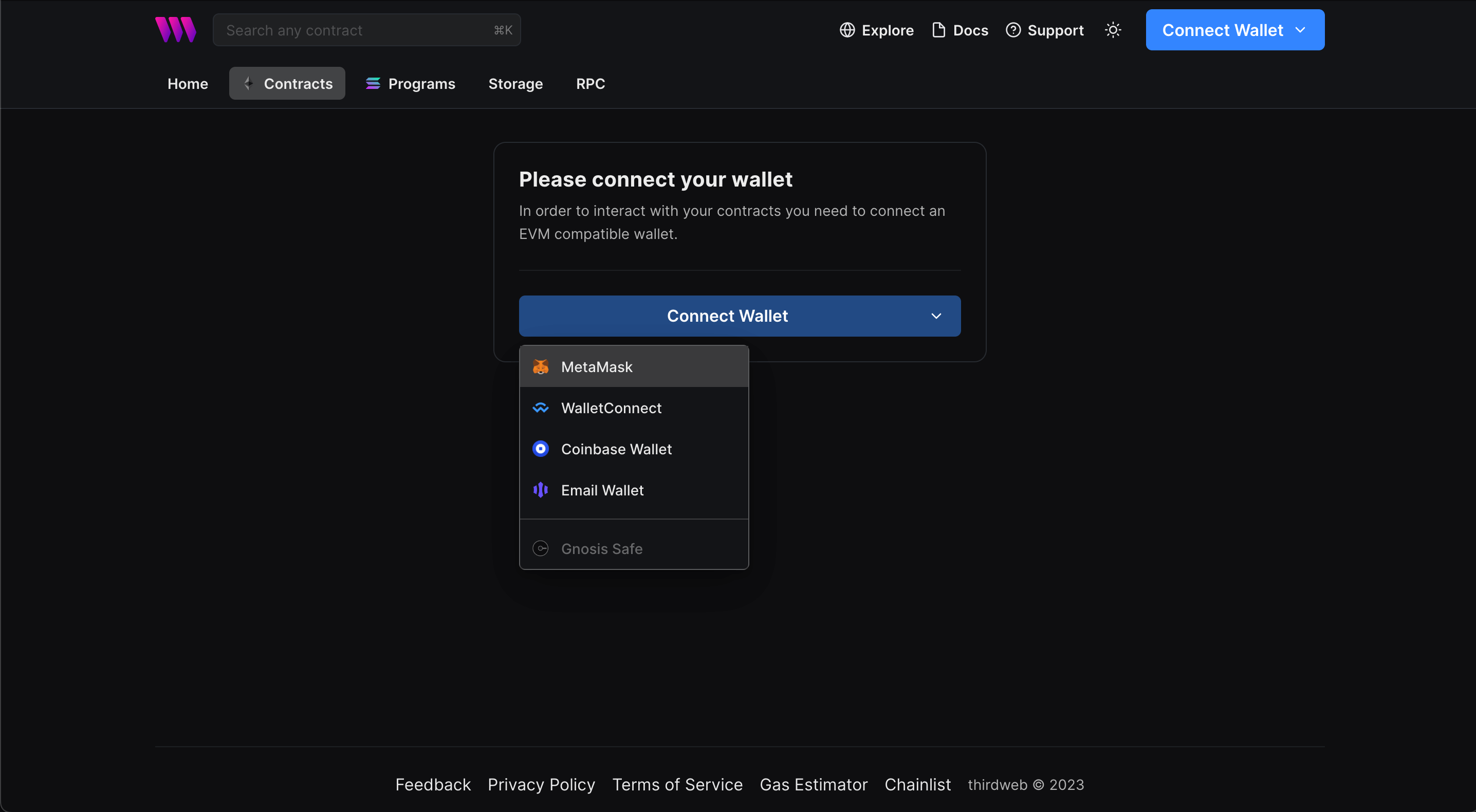 image of the thirdweb dashboard with "connect wallet" button to choose your wallet metamask magic wallet coinbase wallet walletconnect etc