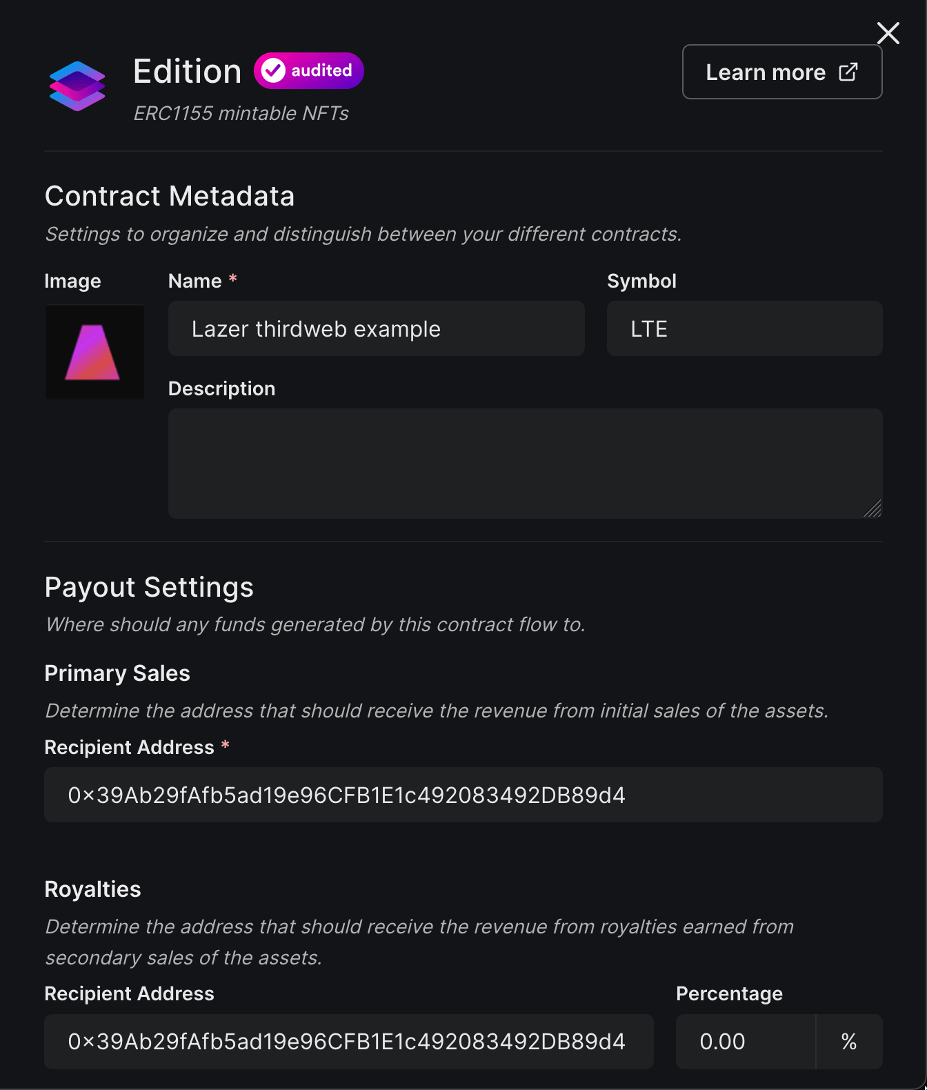 image of thirdweb dashboard where you add nft smart contract metadata