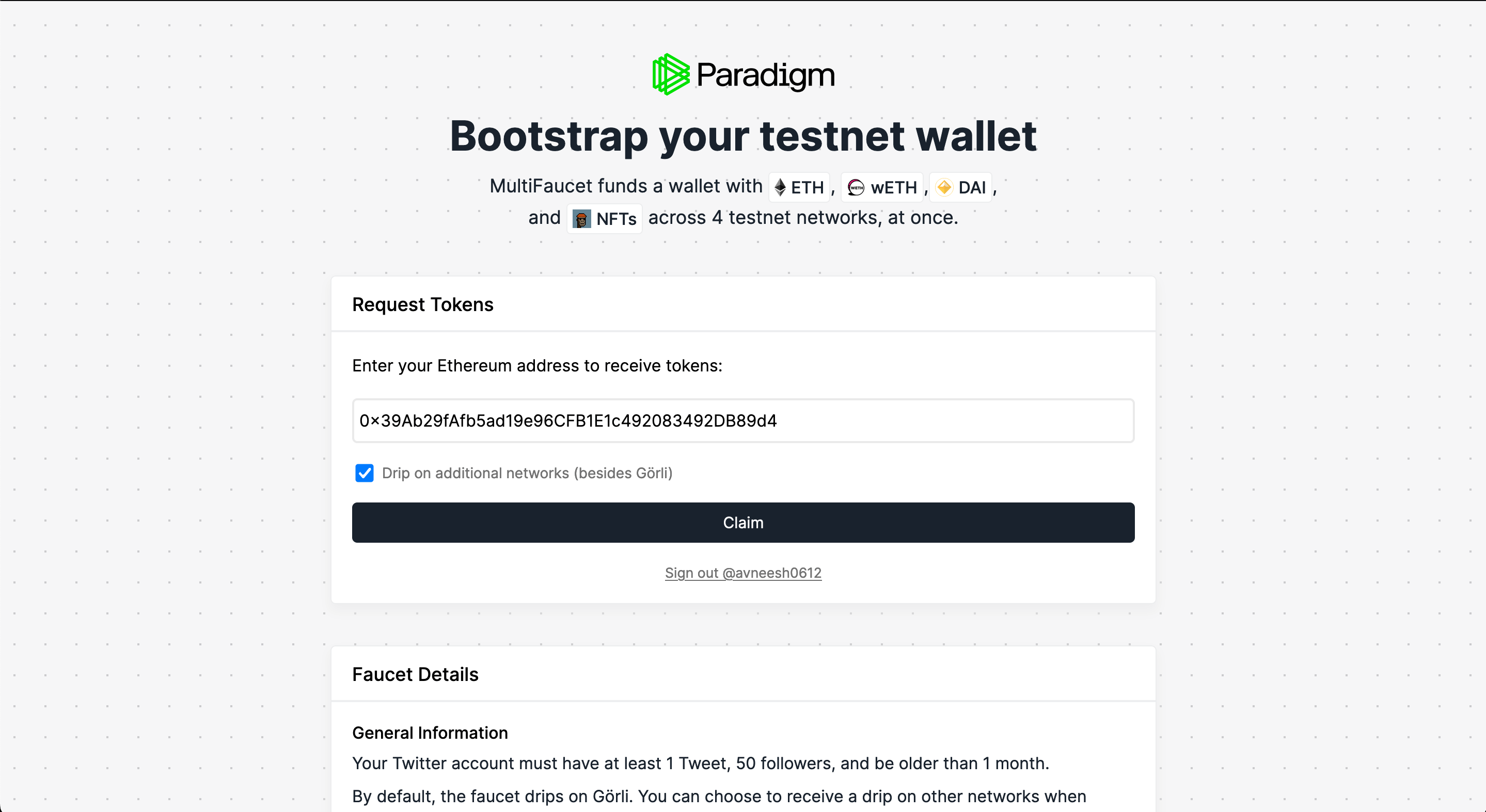 Request tokens from Paradigm Faucet