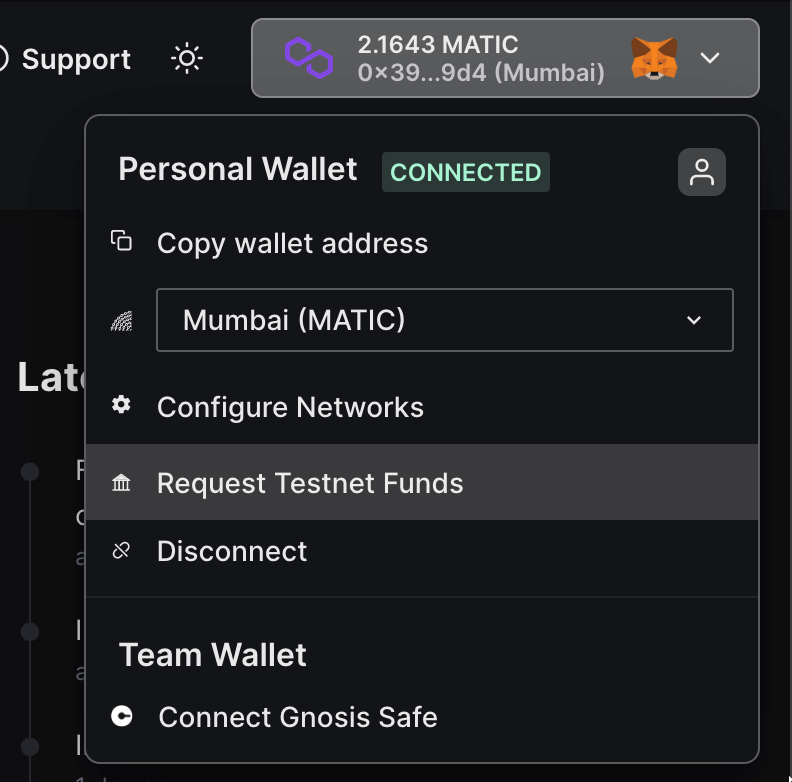Click on Request Testnet Funds from the dropdown