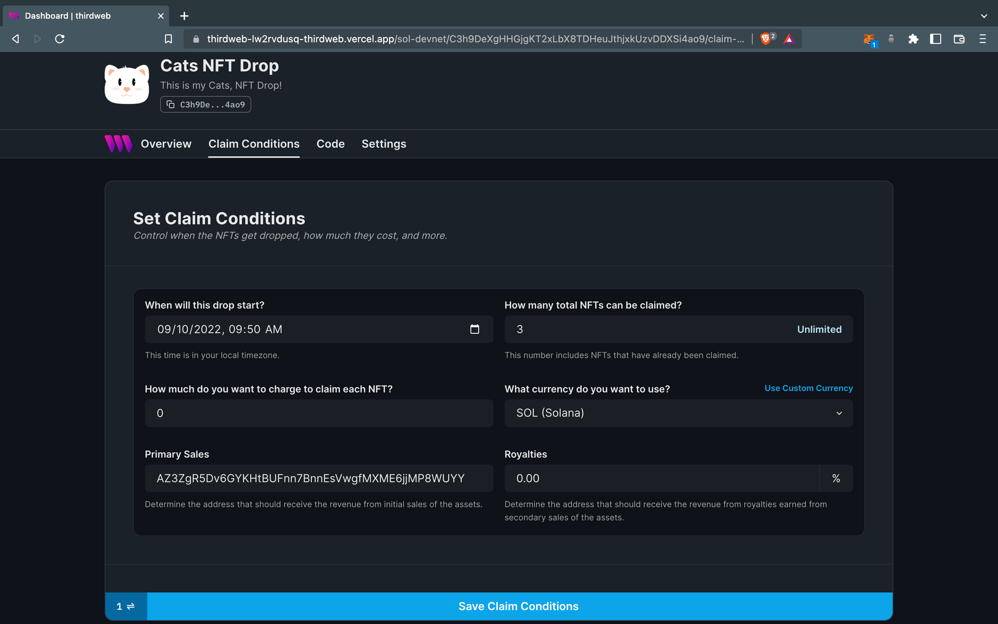 Set claim conditions for your NFT drop