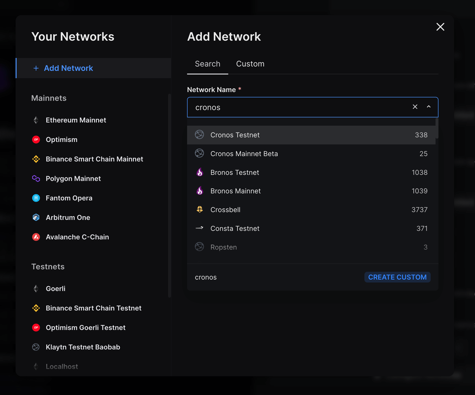 Search for "Cronos" and select Cronos Testnet