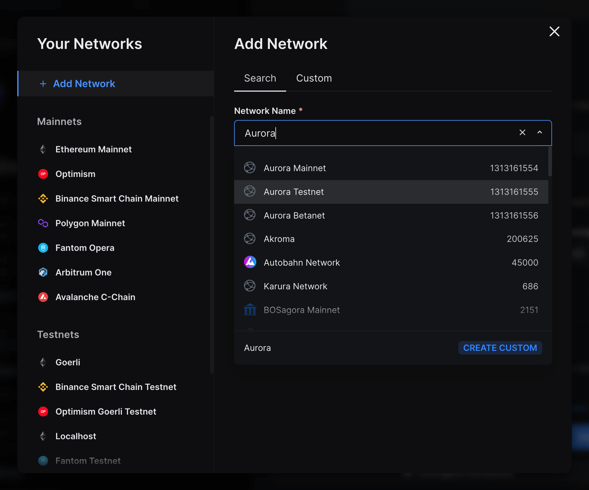 Search for "Aurora" and select Aurora Testnet