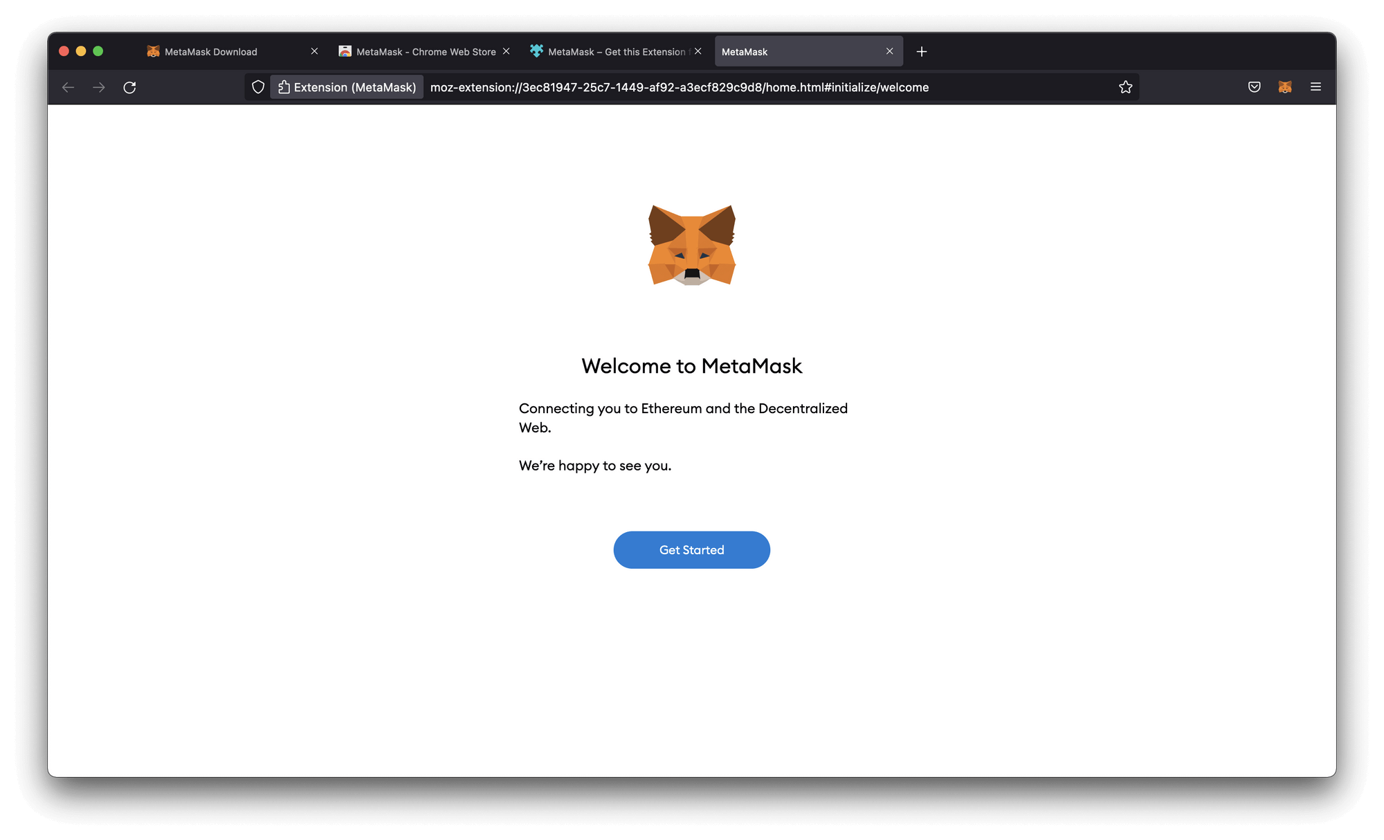 Welcome Screen of Metamask