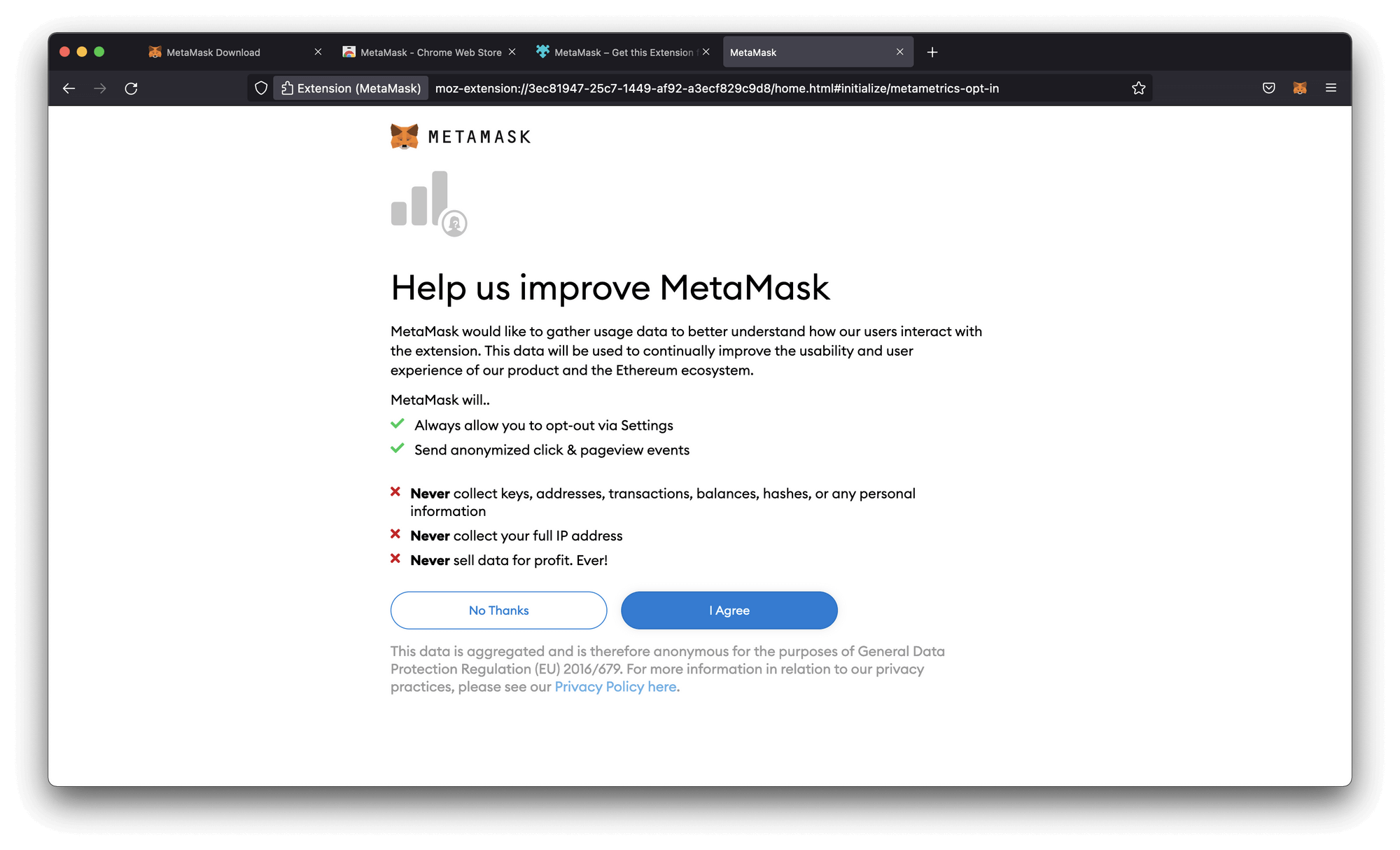 Select if you want to share data with metamask