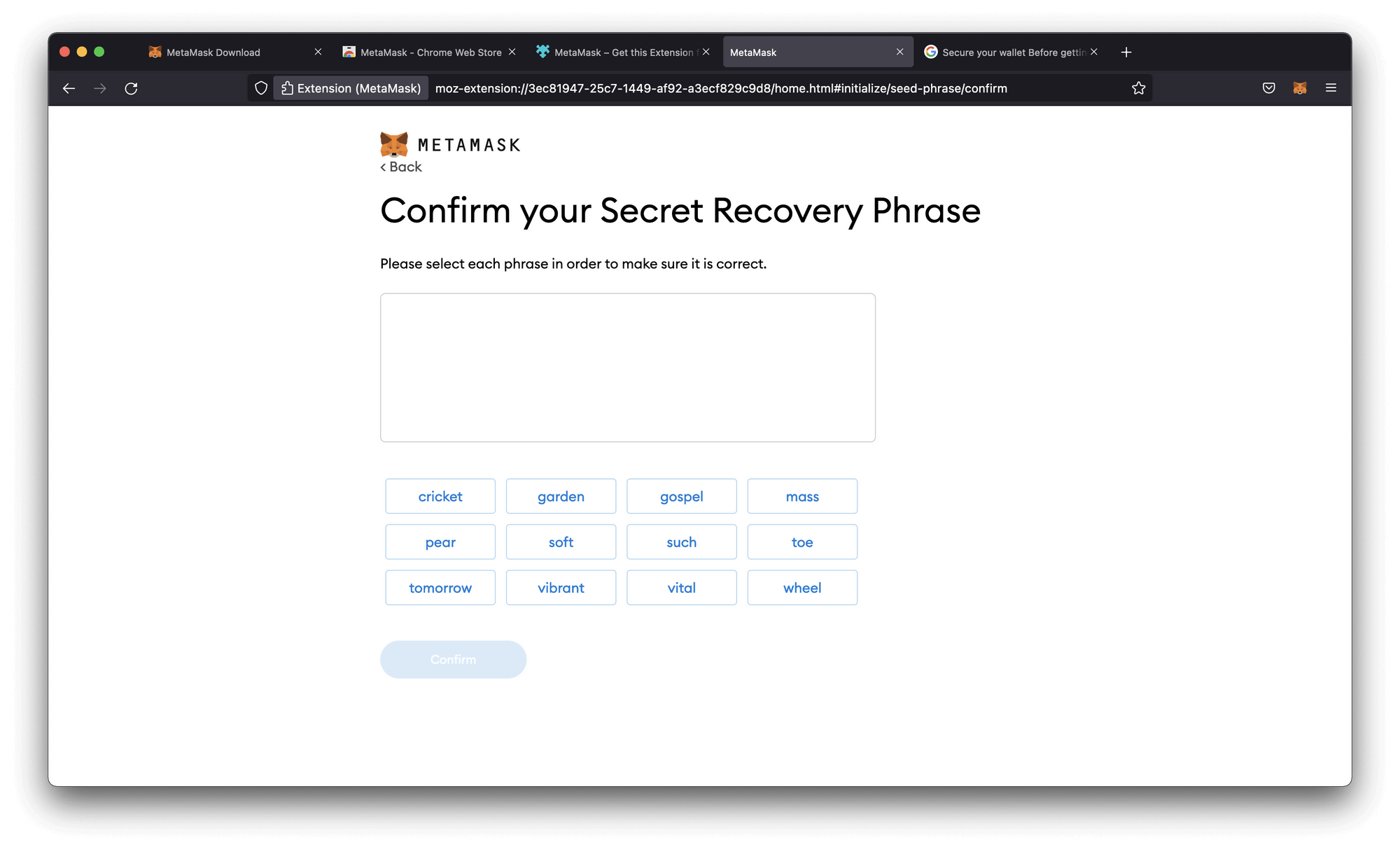 Confirm your Secret Recovery Phrase