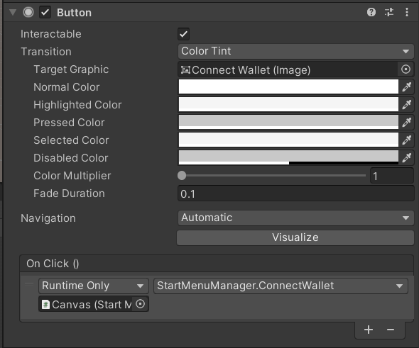 Attach the ConnectWallet function to the OnClick handler