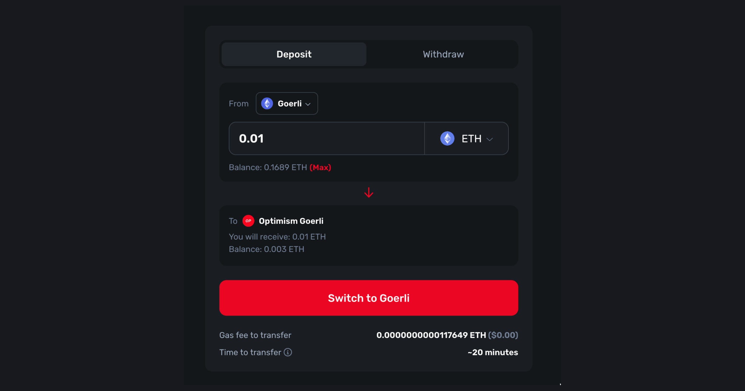 Add in amount to deposit and switch wallet to goerli