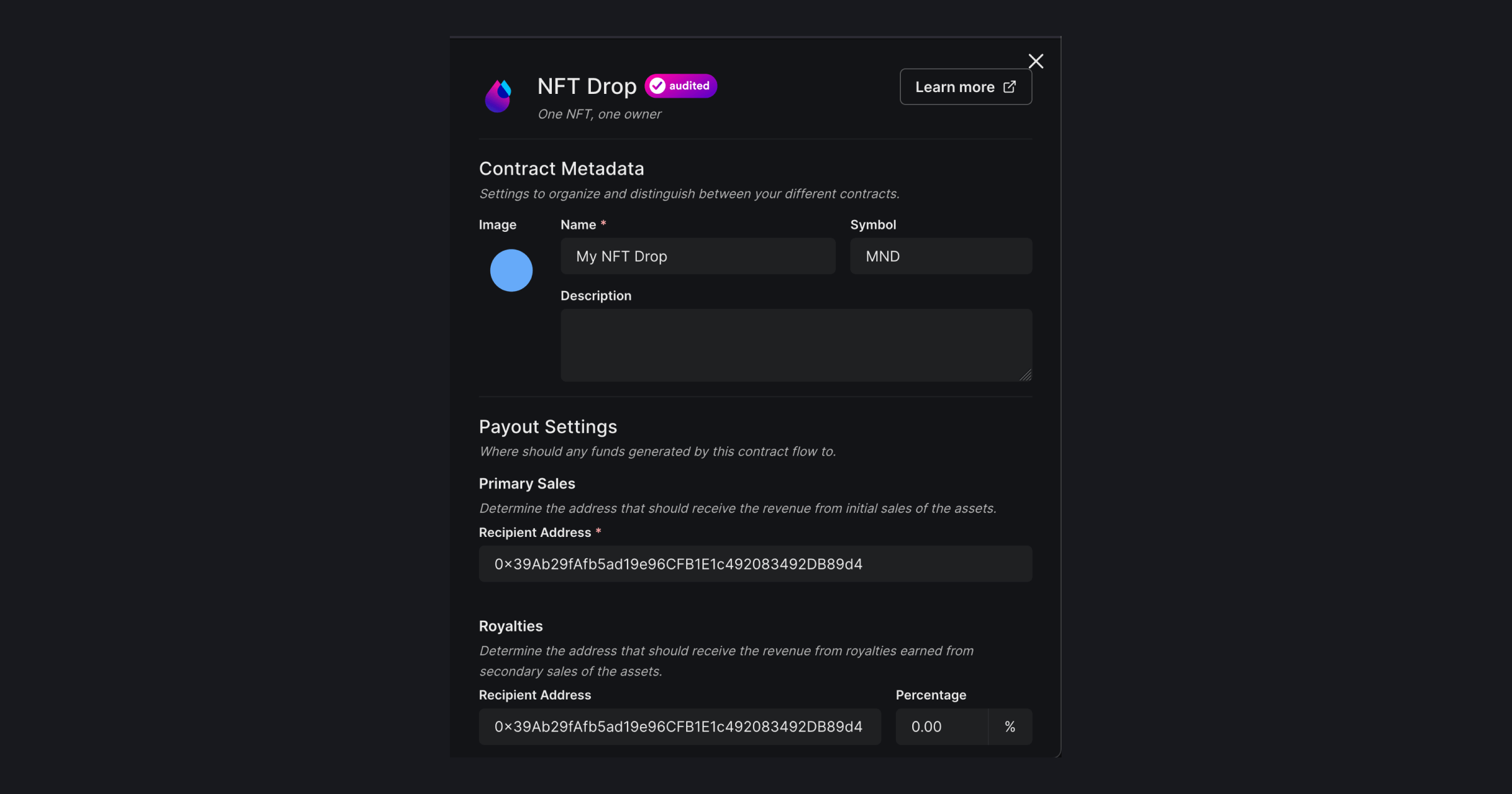 Populate metadata for the smart contract