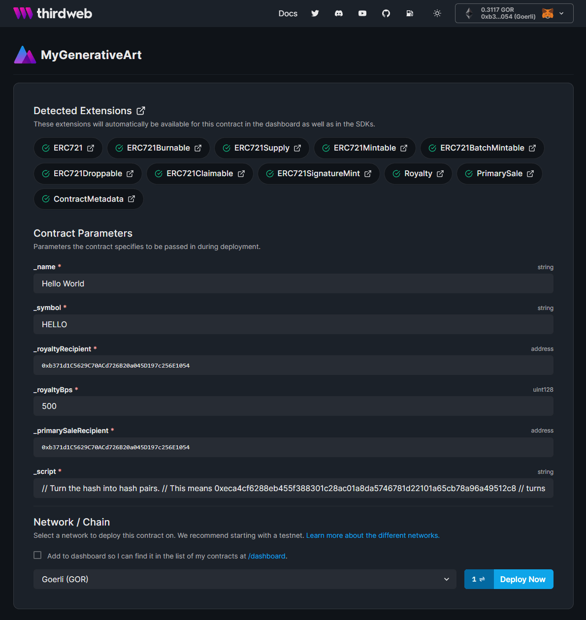 Populate metadata for deploying the contract