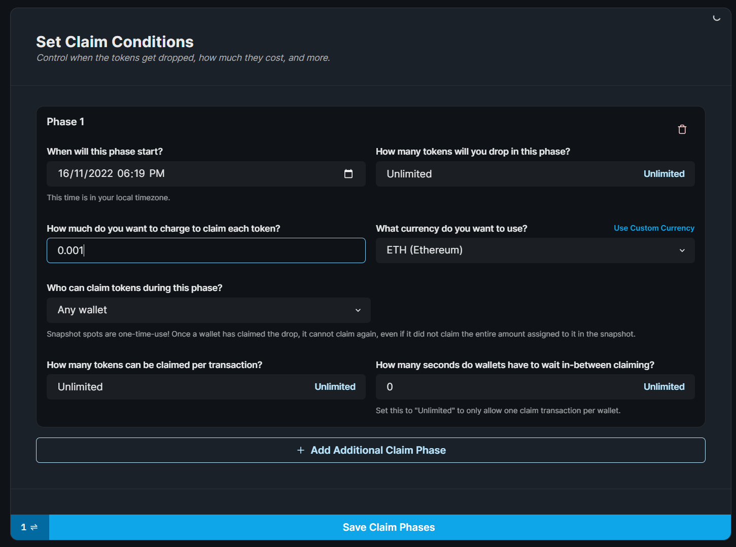 Configure and save claim phase