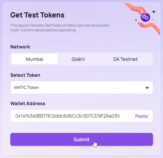 Add your wallet address and click on submit