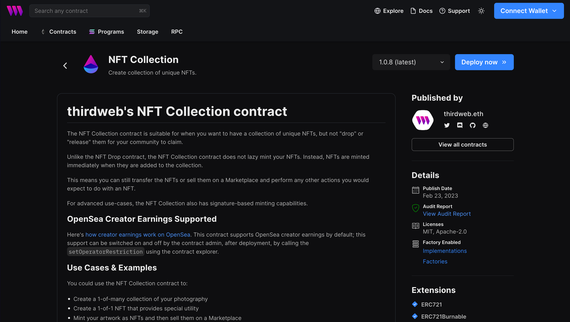 NFT Collection contract page on thirdweb explore