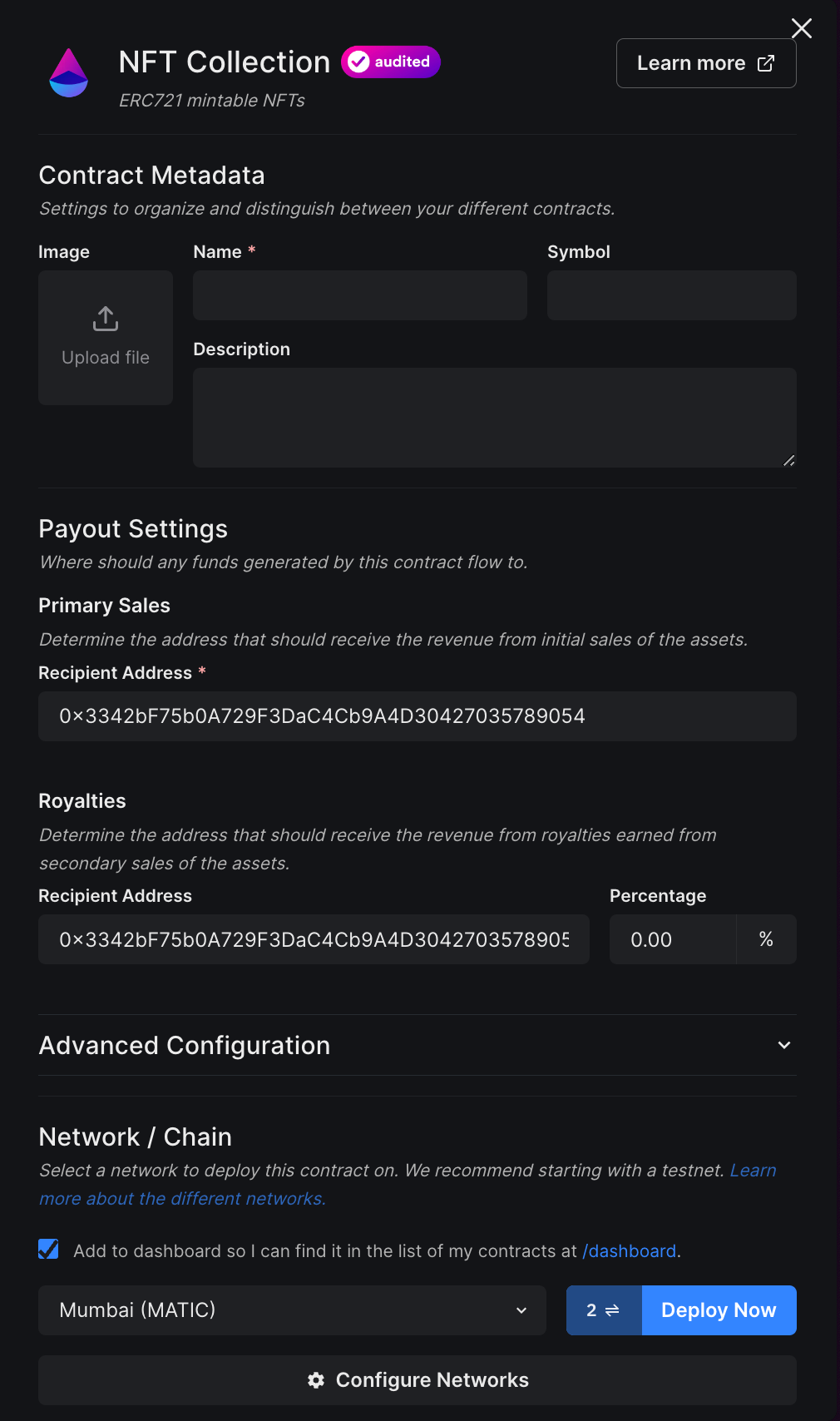 NFT Collection deploy options