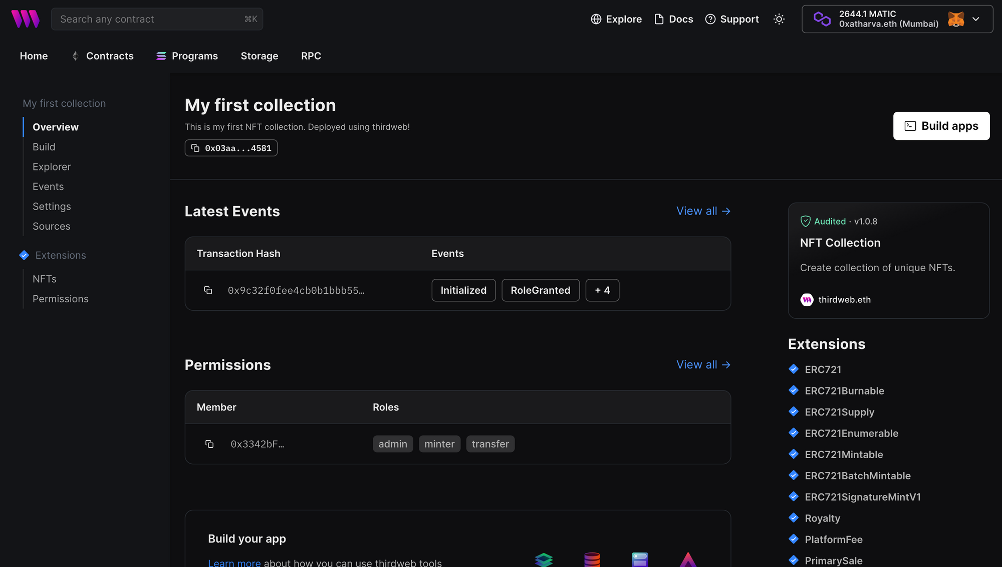 Dashboard for NFT Collection contract