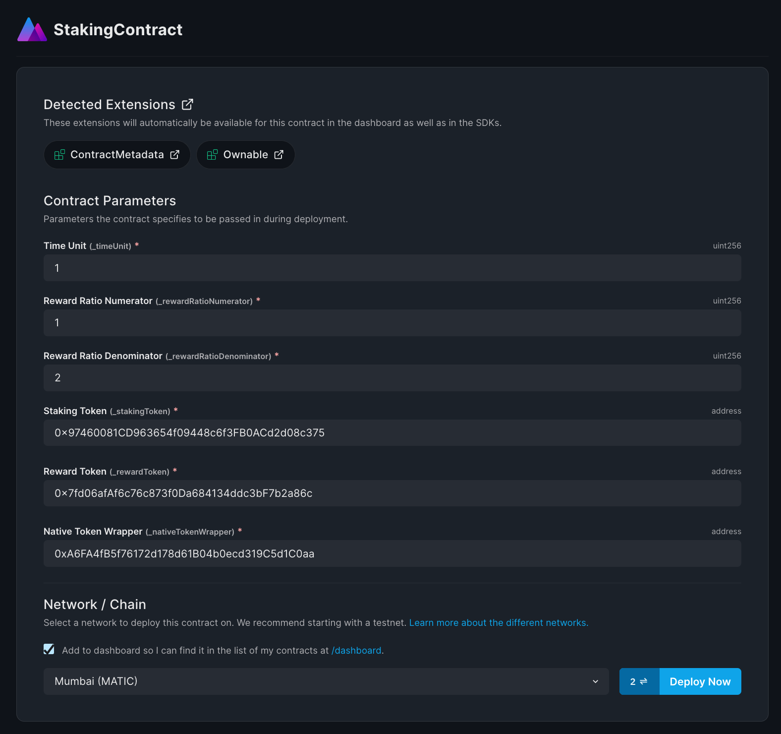 Populate metadata for the contract to be deployed