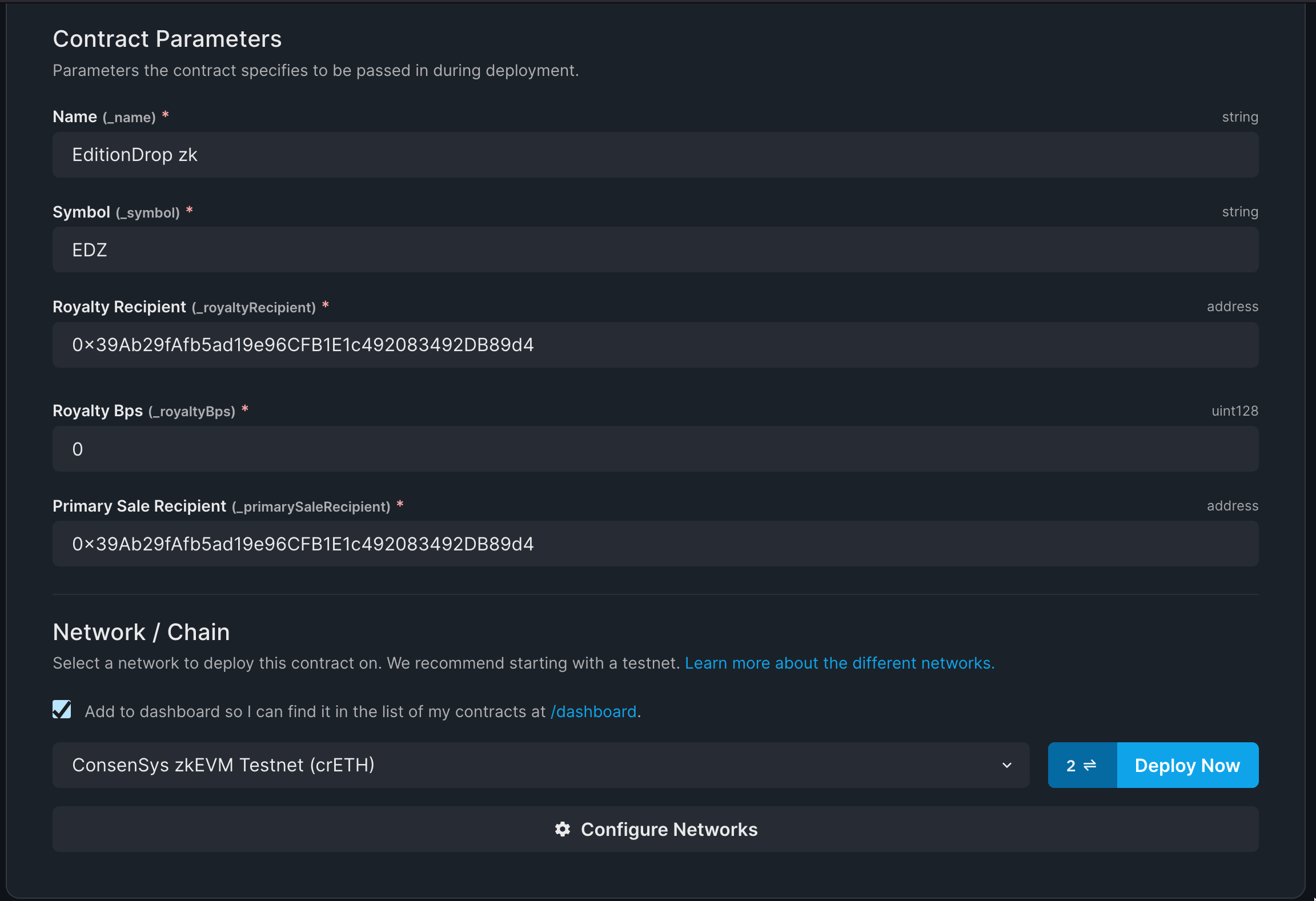 Add parameters for the contract to deploy