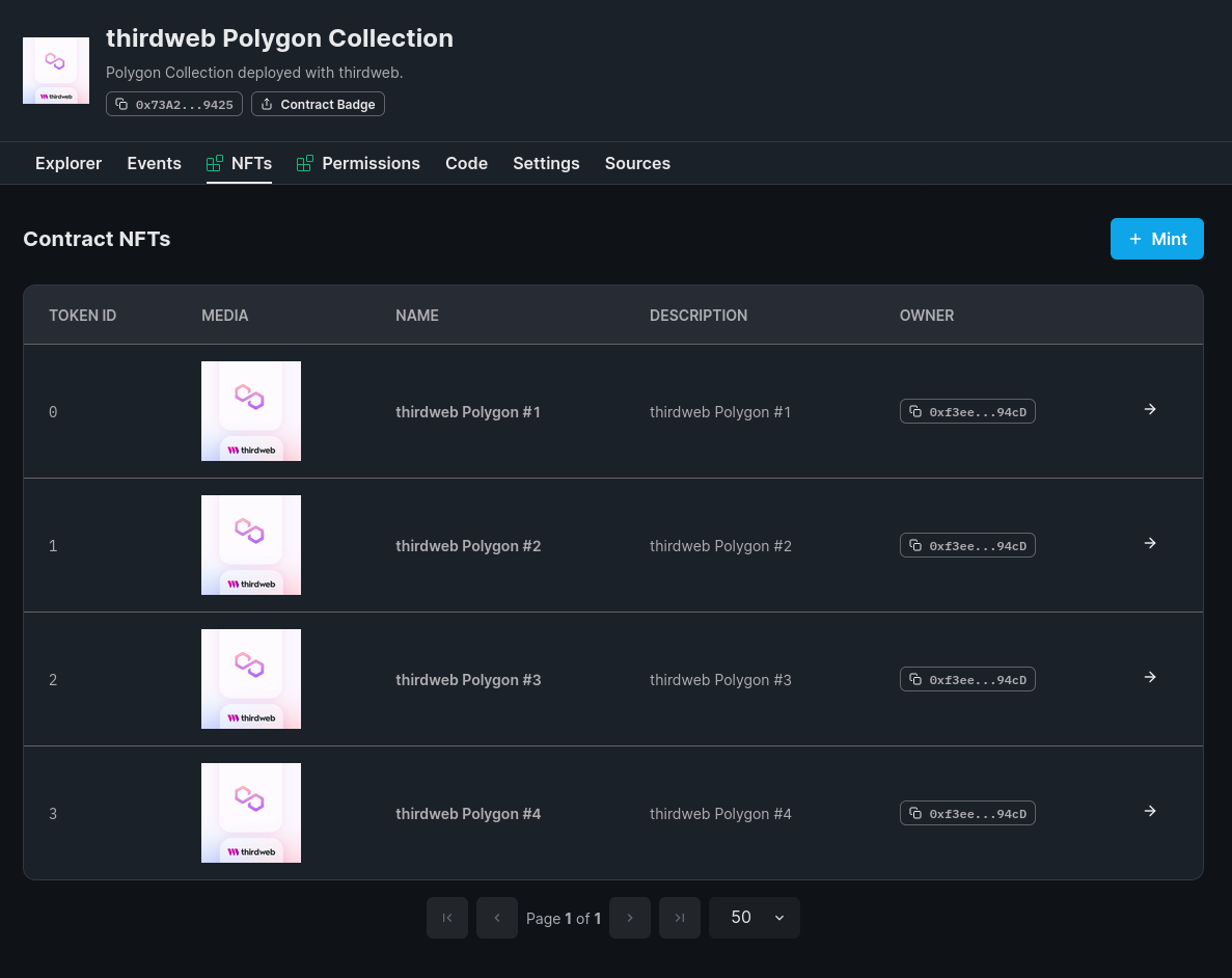 Contract NFTs on dashboard