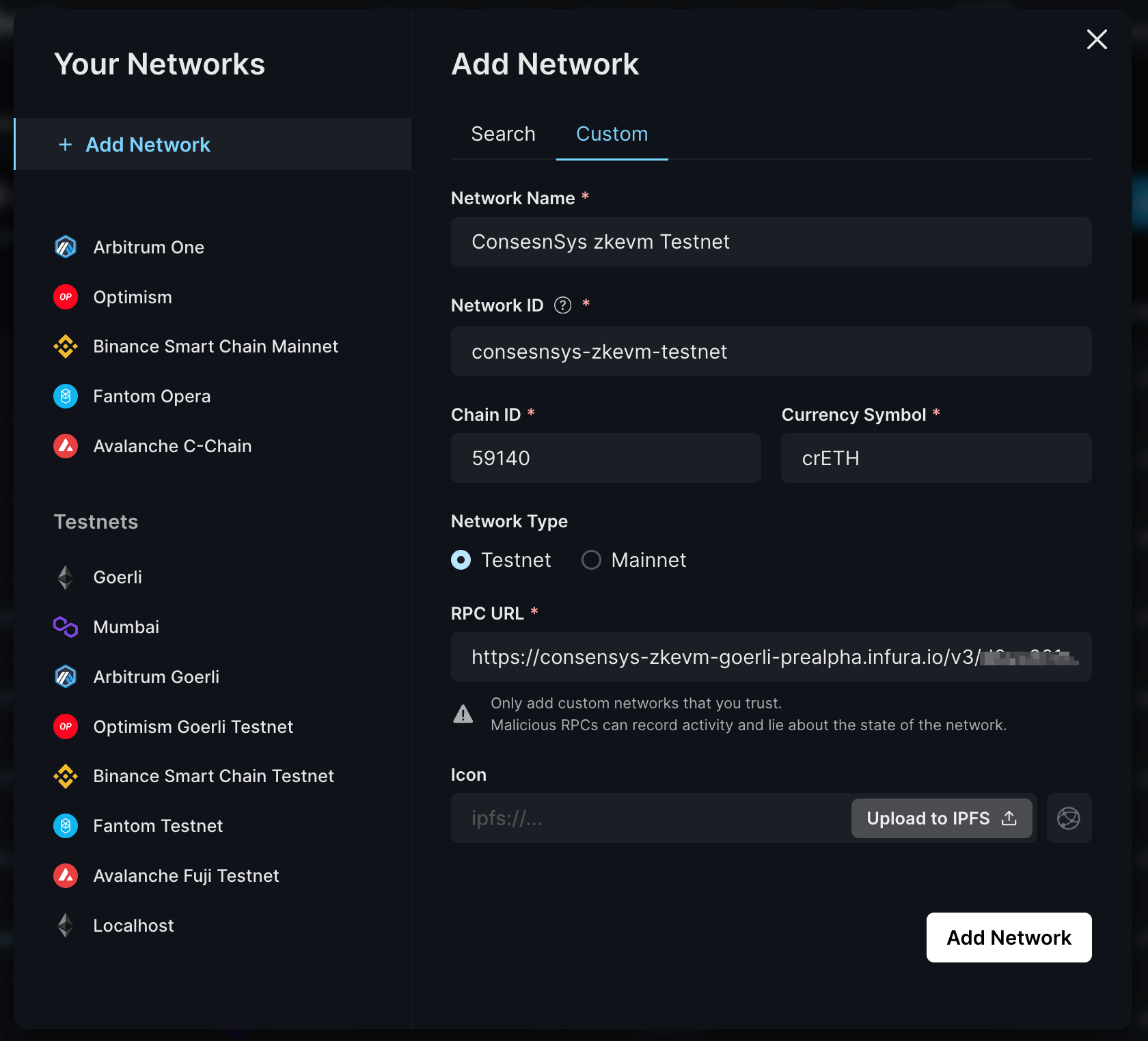 Enter metadata for Consensys zkEVM Testnet