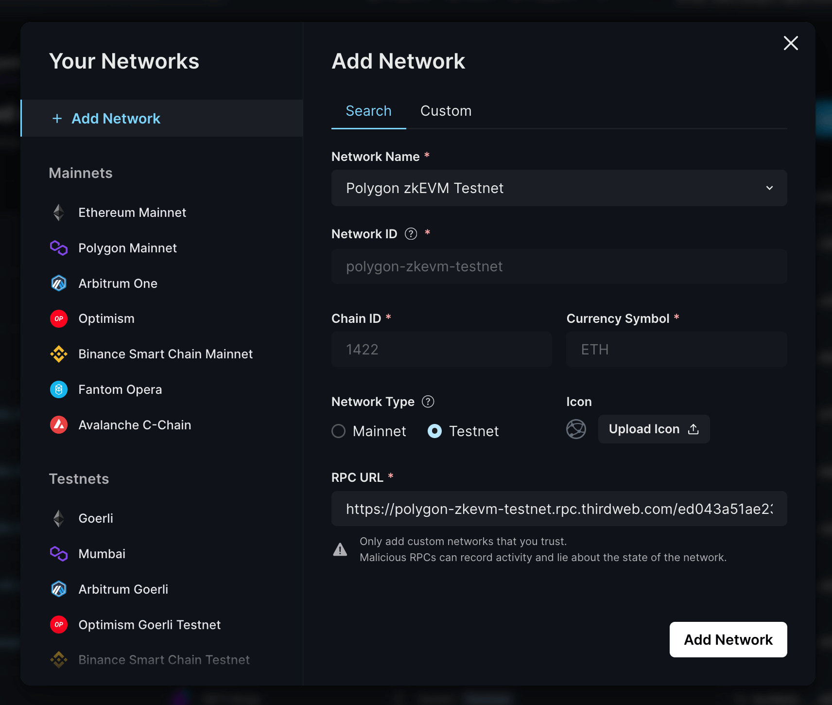 Metadata for the Polygon zkEVM Testnet network