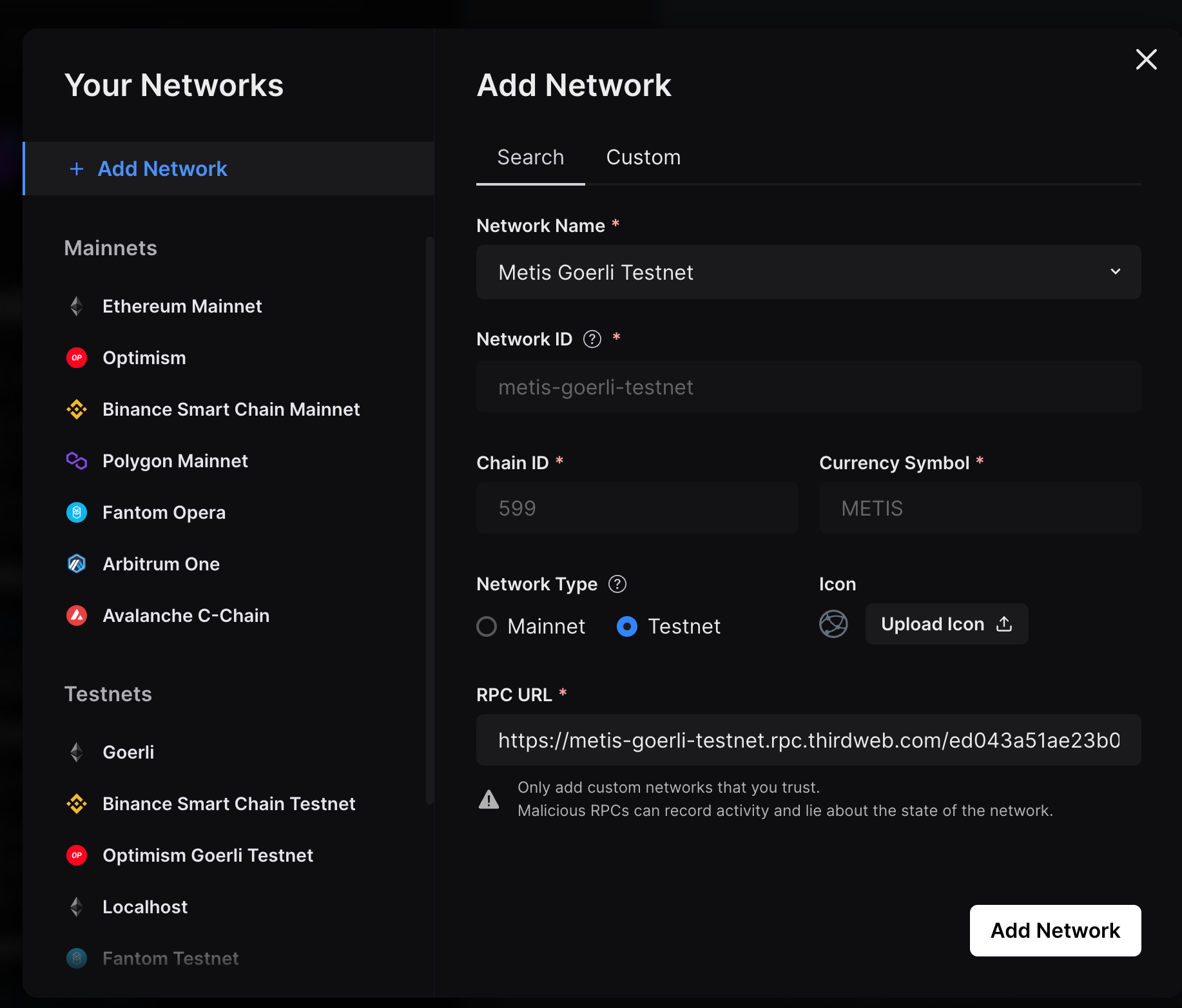 Metadata for Metis Goerli Testnet