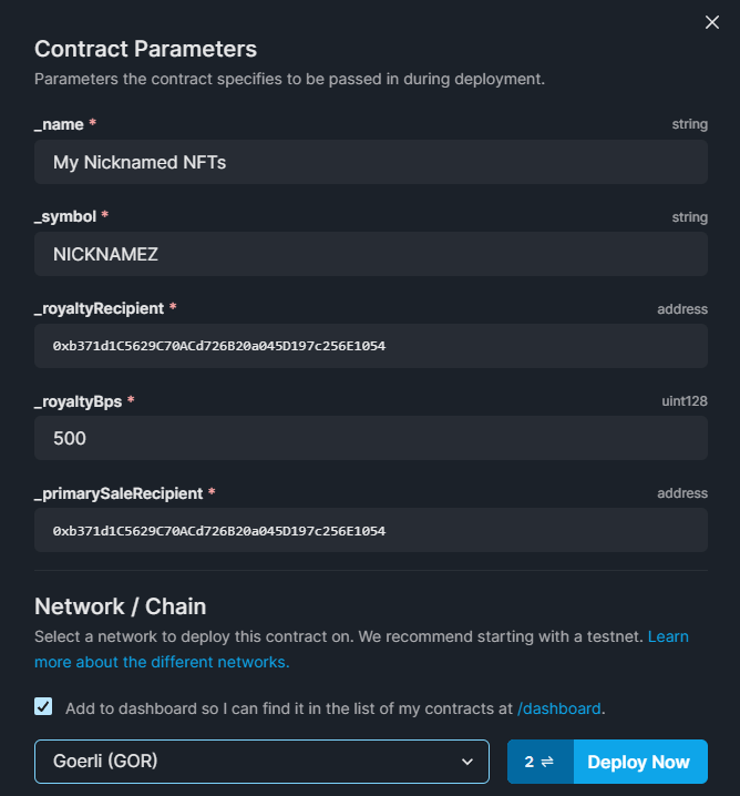 Populate metadata for deploying your contract