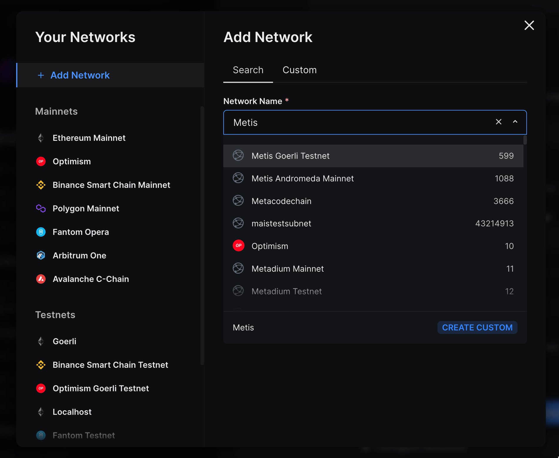 Search for "Metis" and select Metis Goerli Testnet