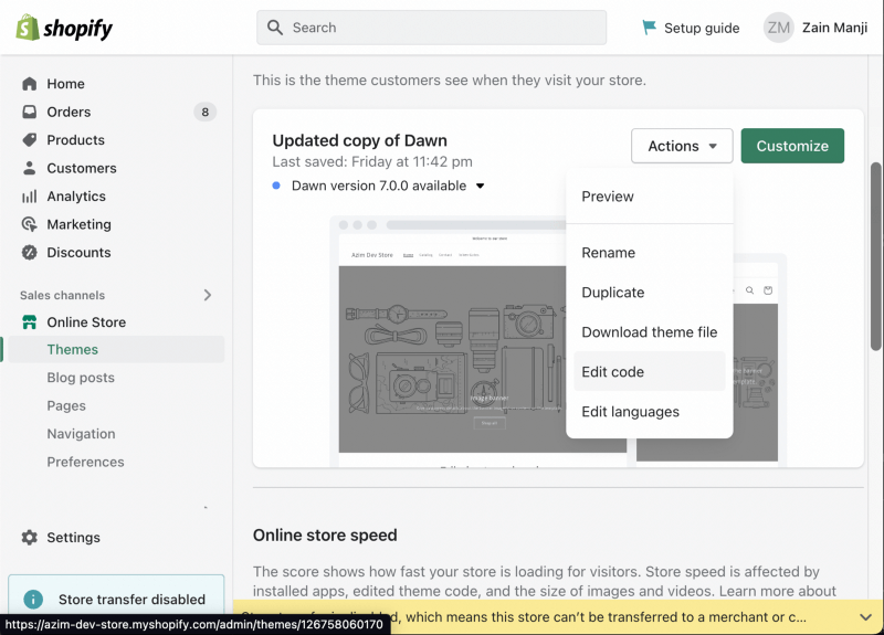 shopify dashboard where you edit theme and add nft token gate script to website or storefront