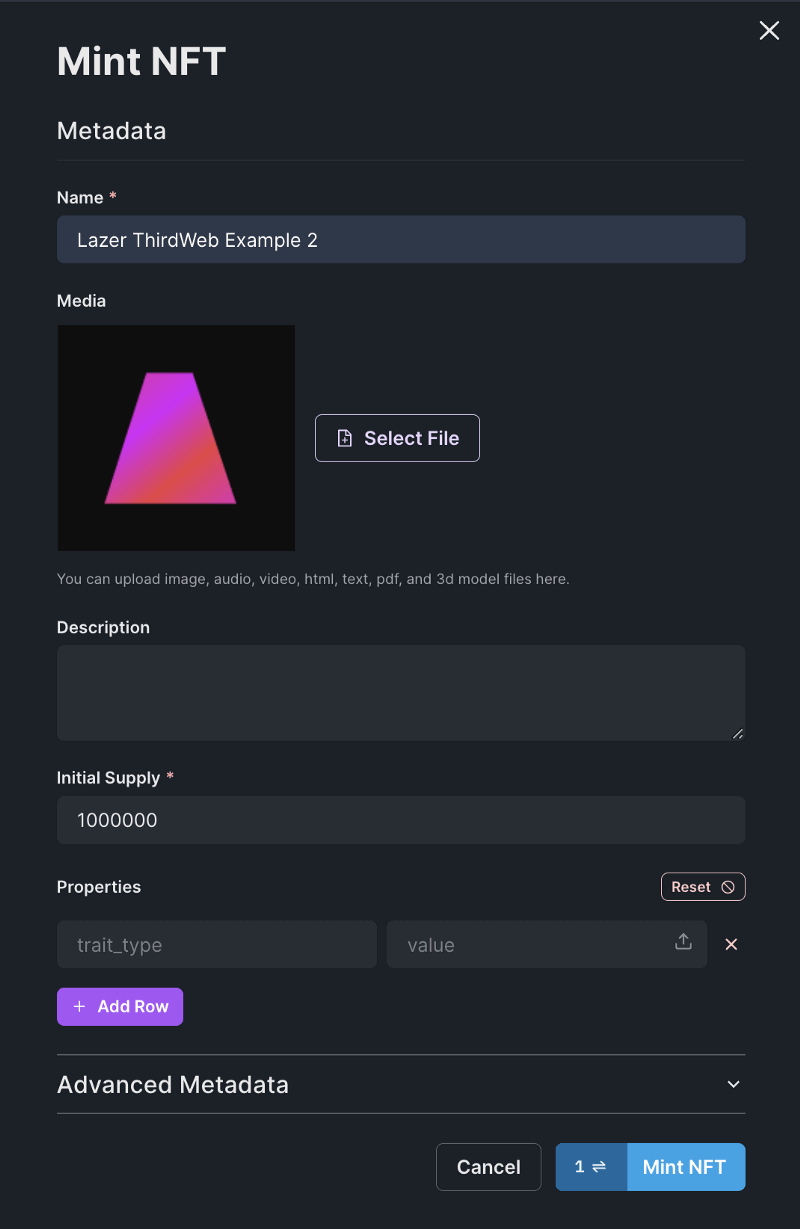 image of thirdweb metadata mint NFT module where you fill in properties like supply