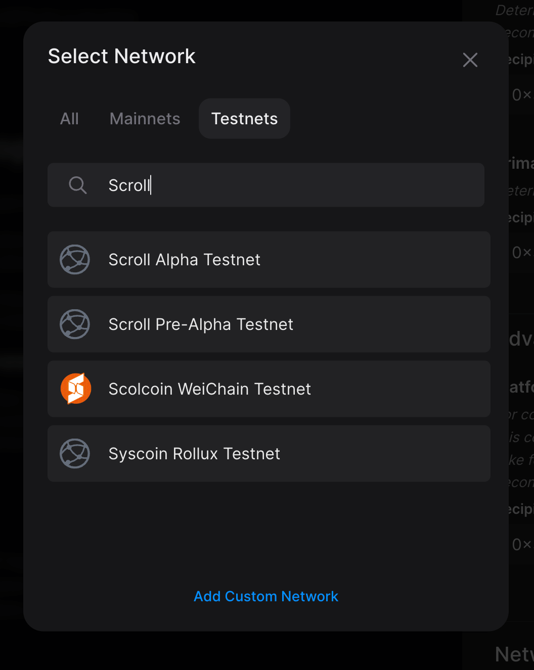 Search for "Scroll" and select Scroll Alpha Testnet